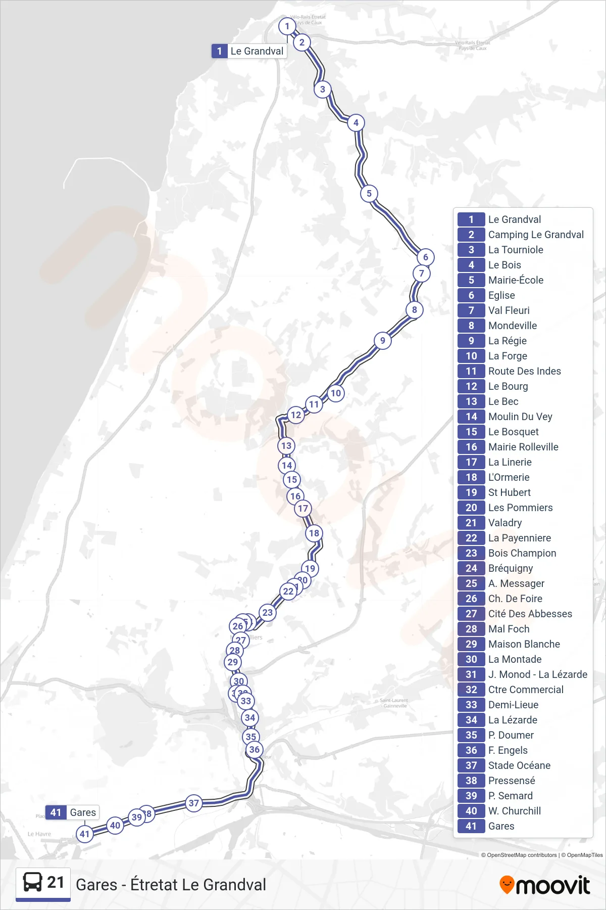 Tracé et arrêts de la ligne 21 de bus (Gares) sur une carte