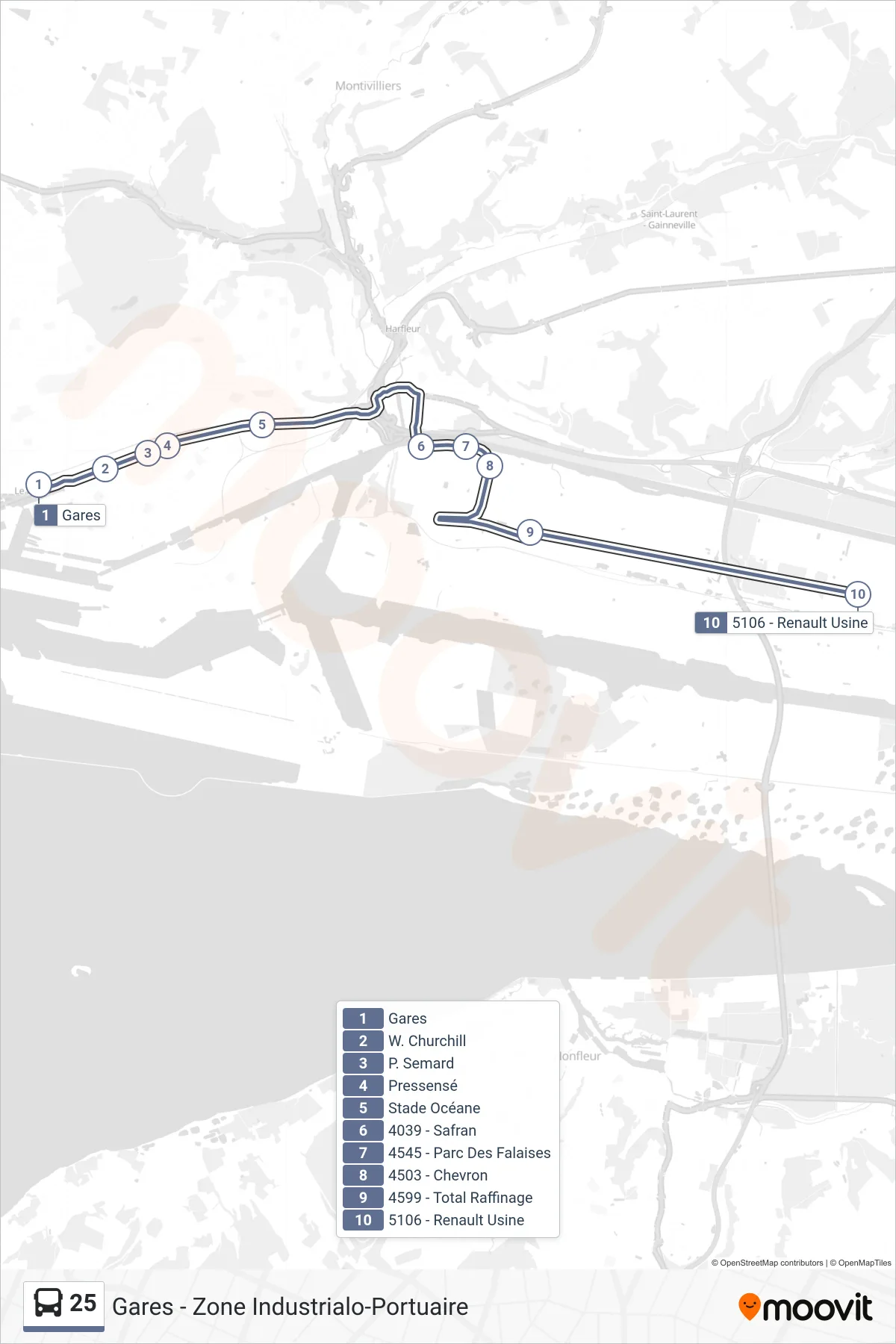 Tracé et arrêts de la ligne 25 de bus (5106 - Renault Usine) sur une carte