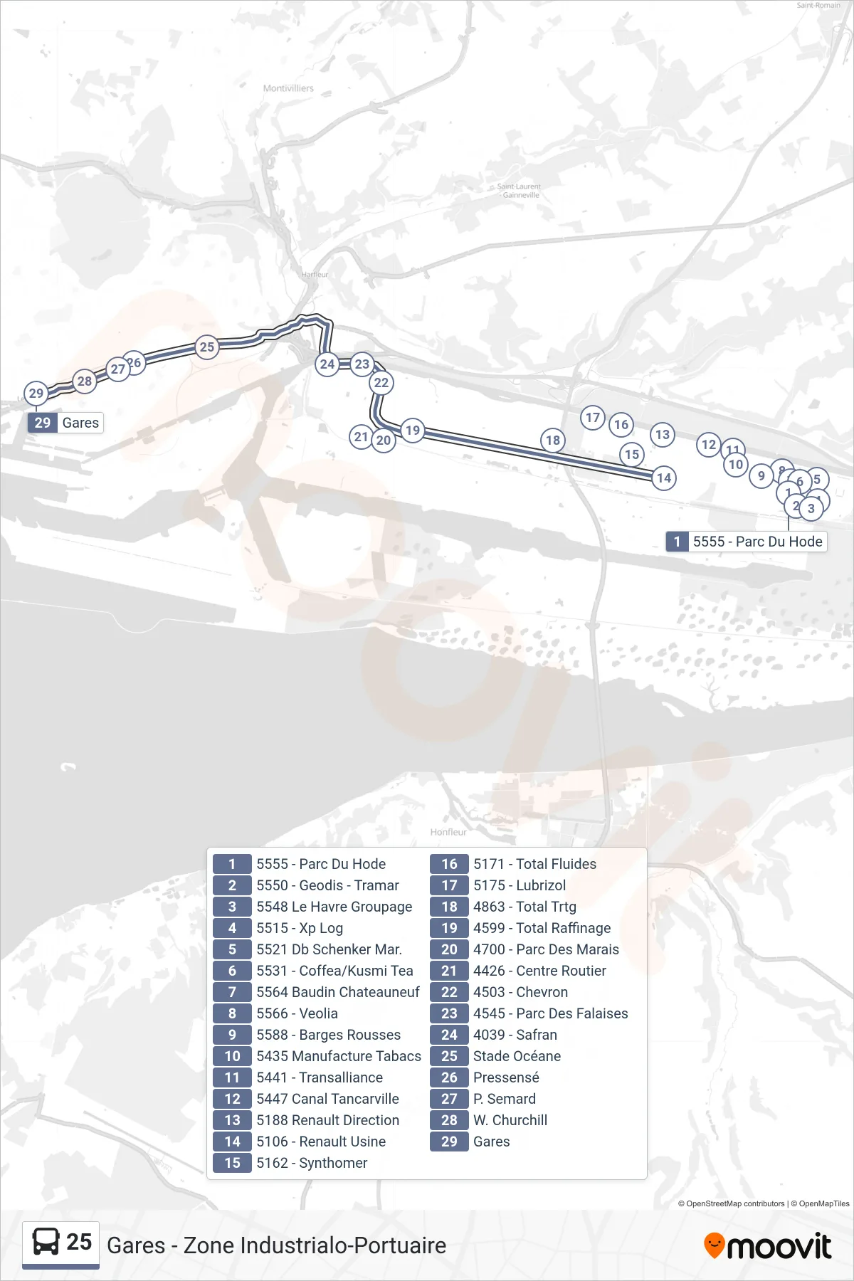 Recorrido y paradas de la línea 25 de autobús (Gares) en el mapa