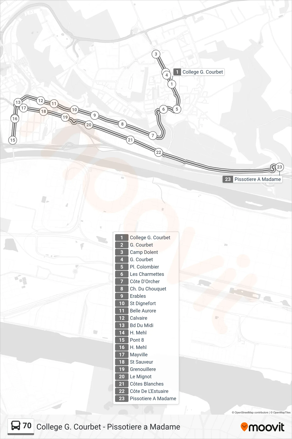 Tracé et arrêts de la ligne 70 de bus (Pissotiere A Madame) sur une carte