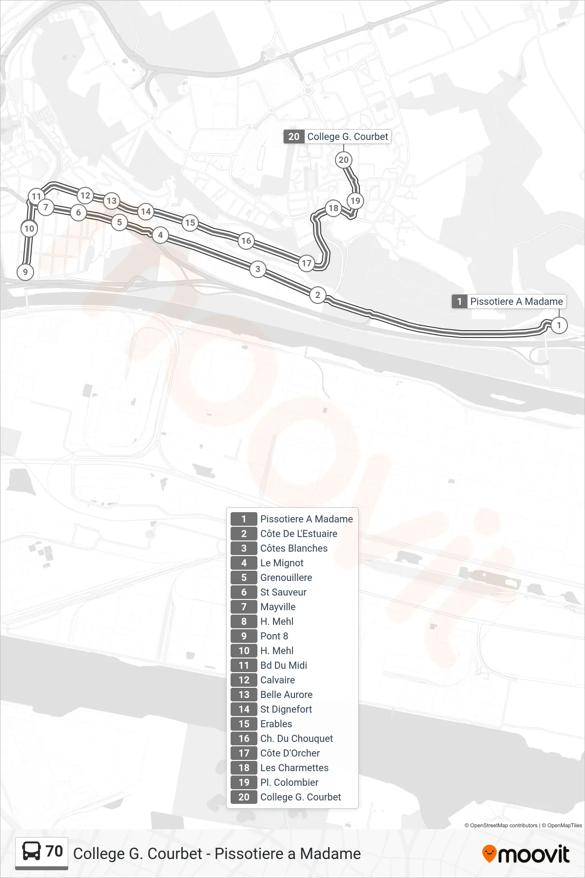 Recorrido y paradas de la línea 70 de autobús (College G. Courbet) en el mapa