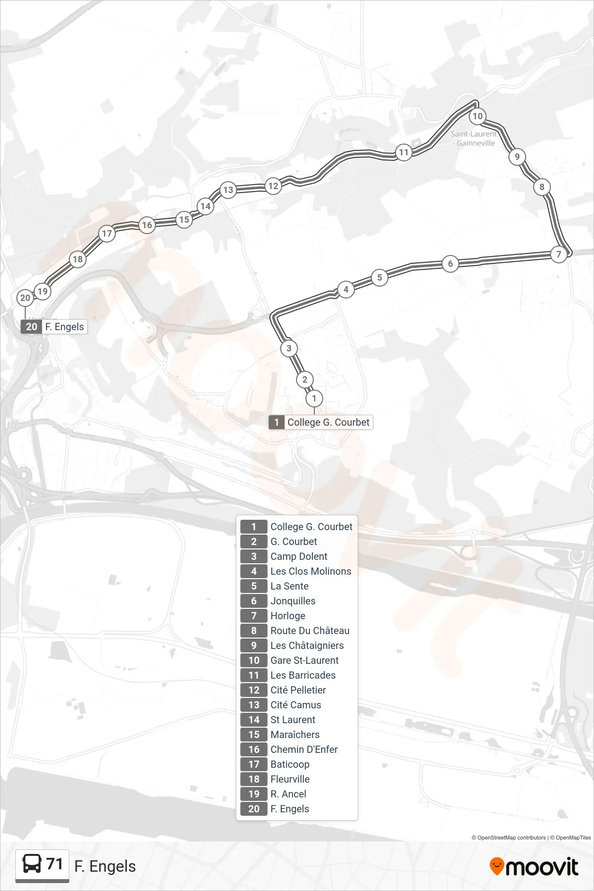 Tracé et arrêts de la ligne 71 de bus (F. Engels) sur une carte