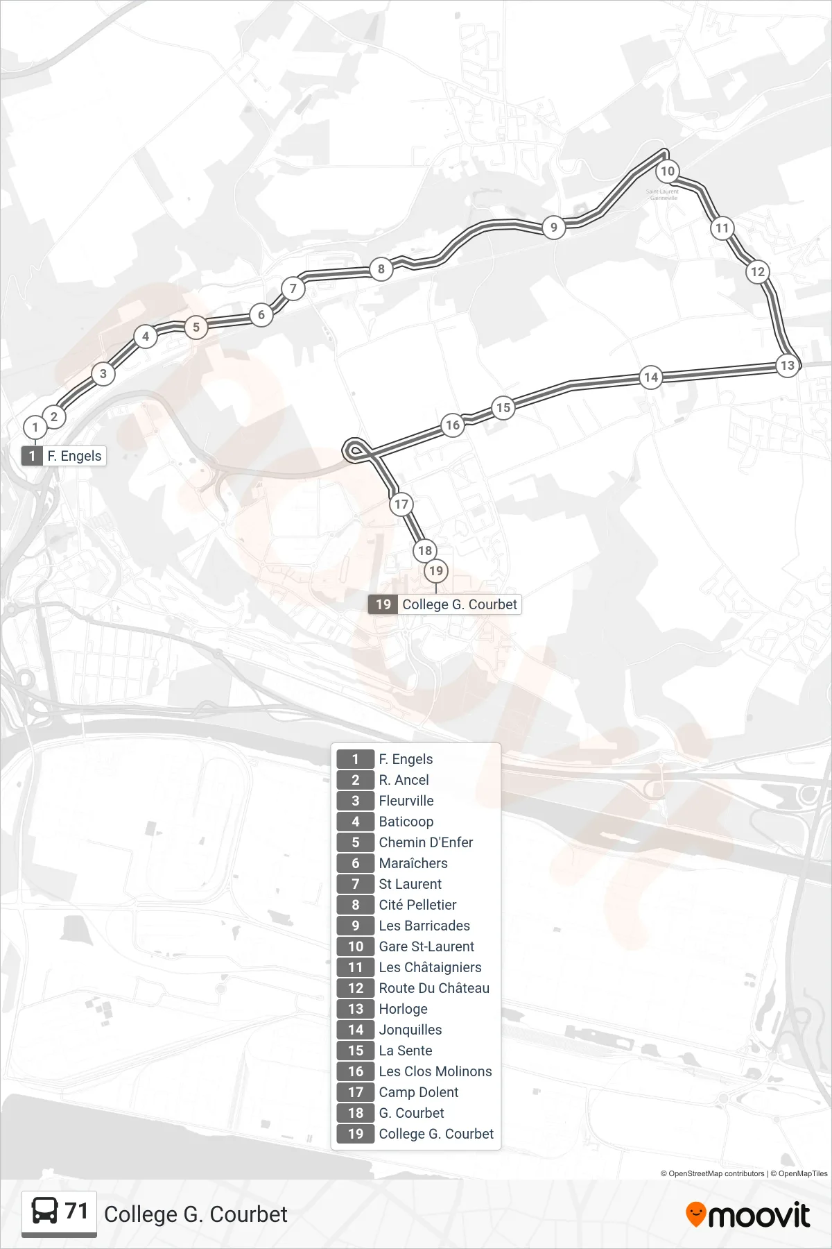 Tracé et arrêts de la ligne 71 de bus (College G. Courbet) sur une carte