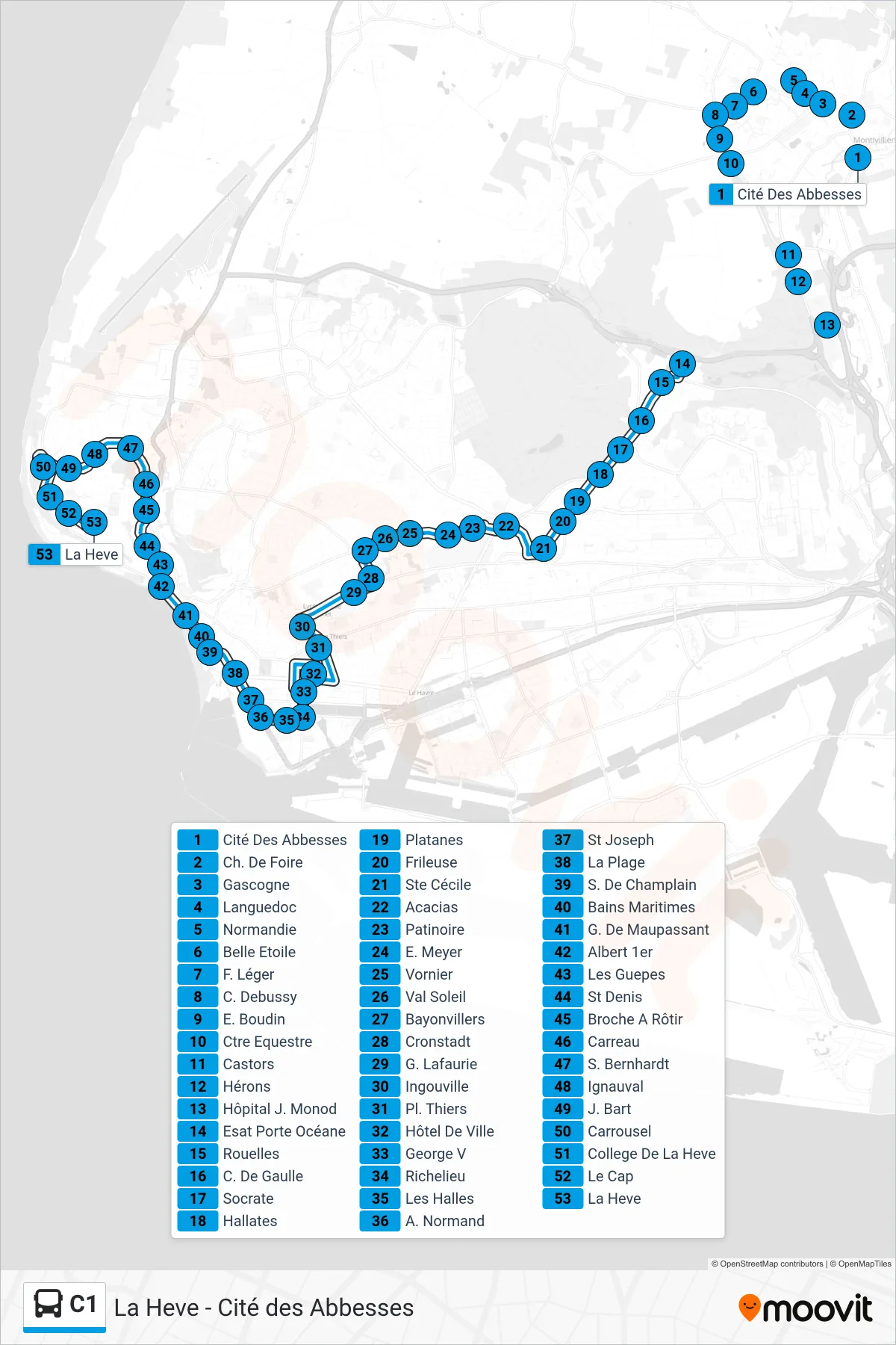 Tracé et arrêts de la ligne C1 de bus (La Heve) sur une carte