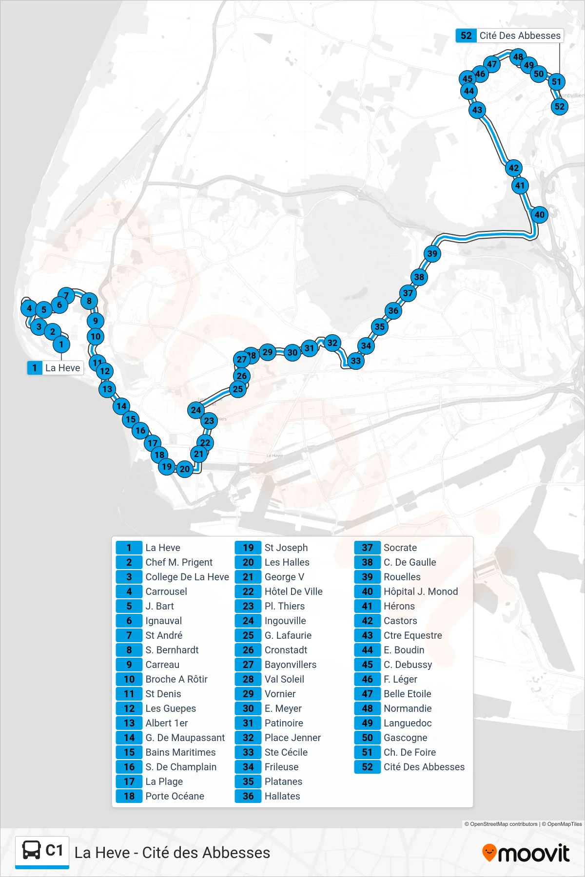 Tracé et arrêts de la ligne C1 de bus (Cité Des Abbesses) sur une carte
