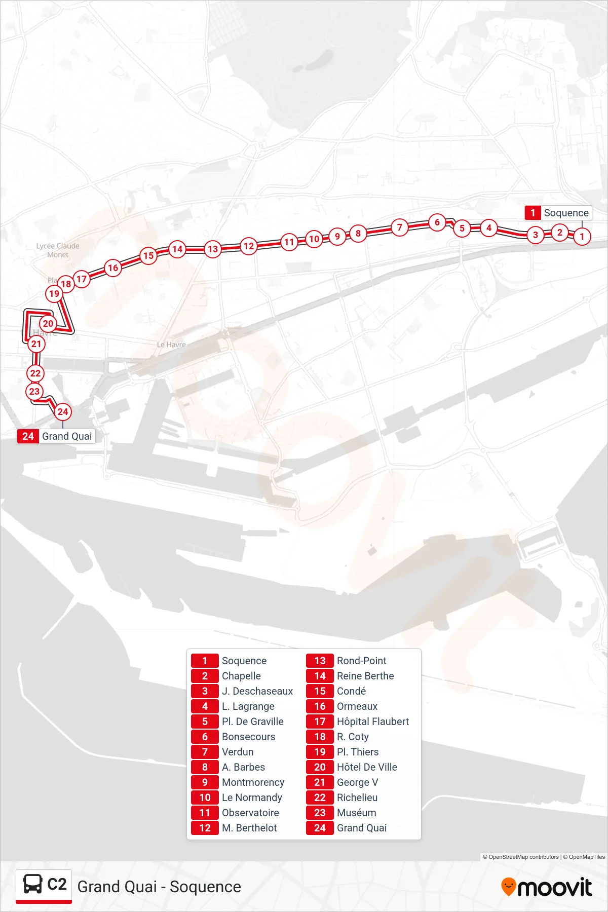 Recorrido y paradas de la línea C2 de autobús (Grand Quai) en el mapa