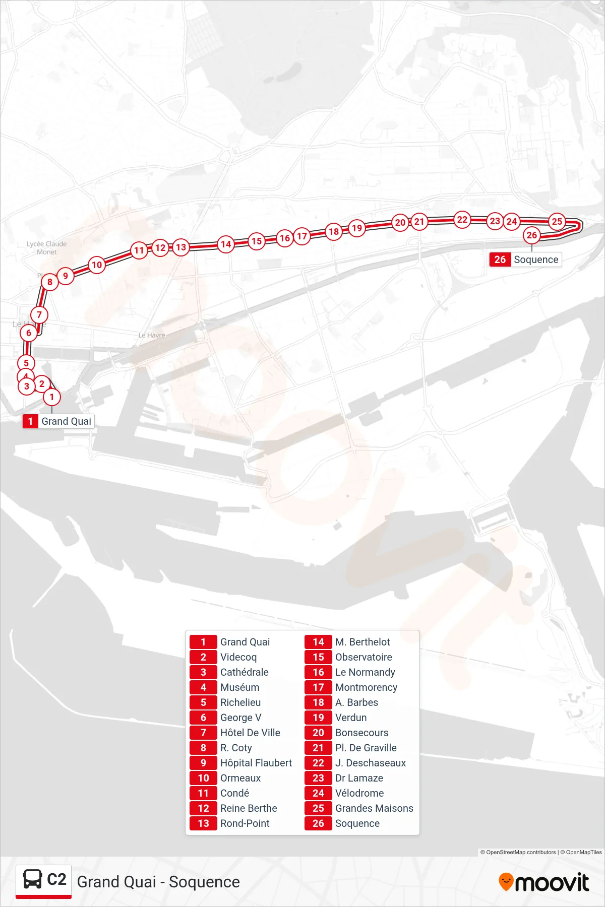 Tracé et arrêts de la ligne C2 de bus (Soquence) sur une carte