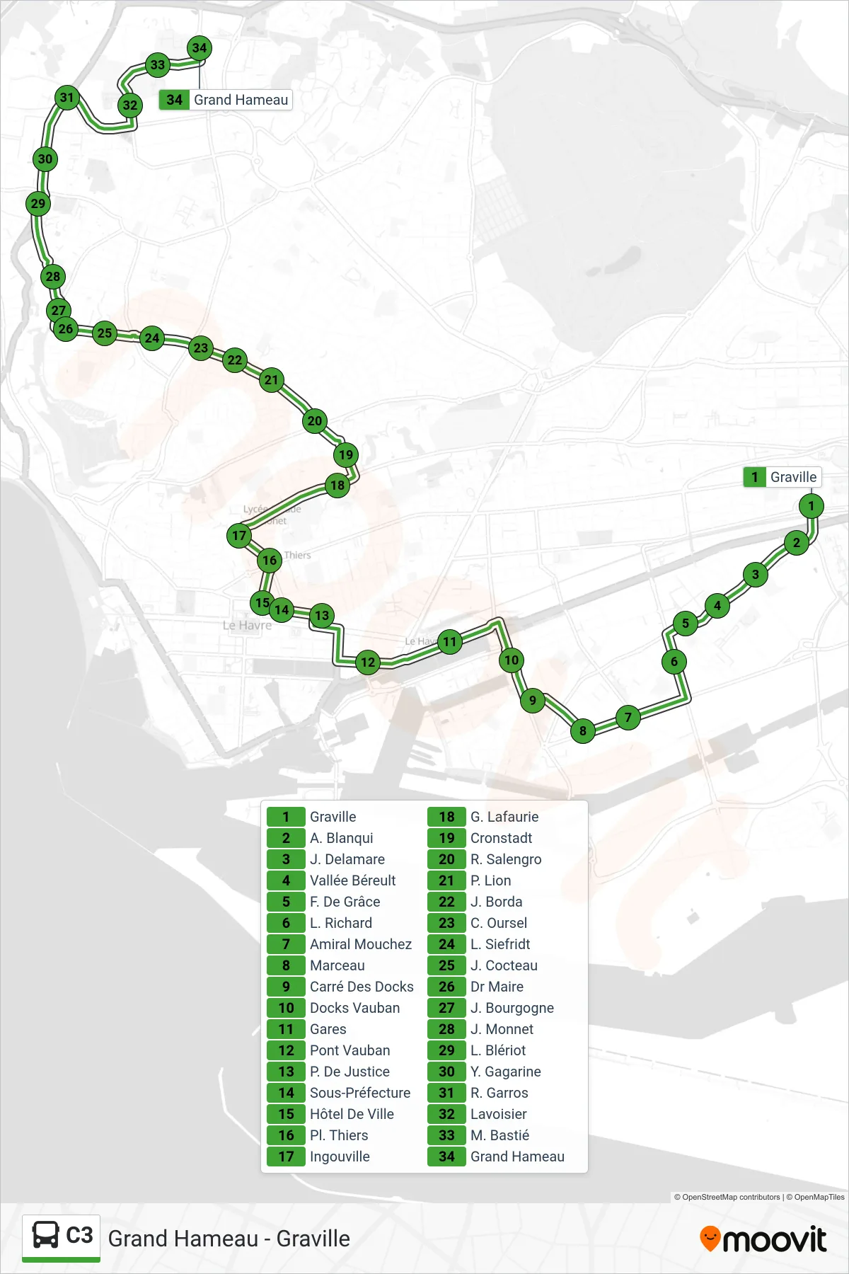 Tracé et arrêts de la ligne C3 de bus (Grand Hameau) sur une carte