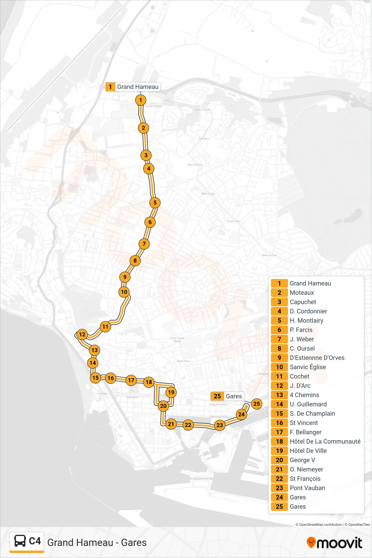 Tracé et arrêts de la ligne C4 de bus (Gares) sur une carte