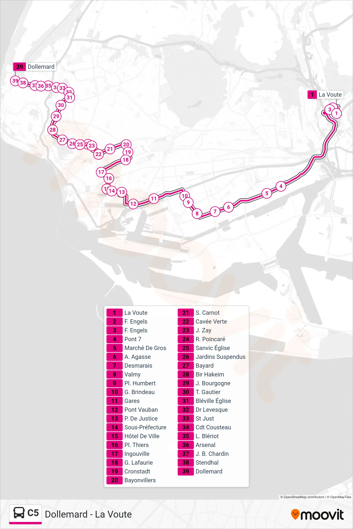 Recorrido y paradas de la línea C5 de autobús (Dollemard) en el mapa