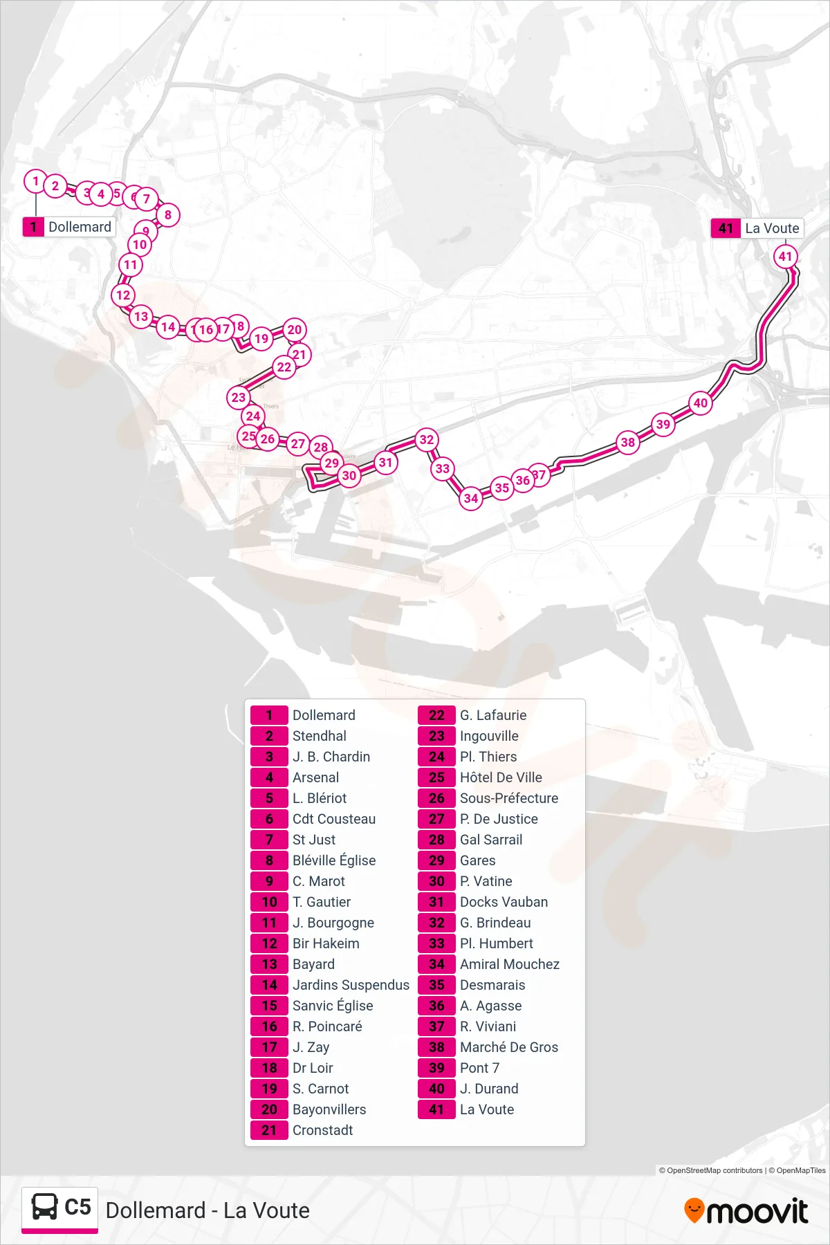 Tracé et arrêts de la ligne C5 de bus (La Voute) sur une carte