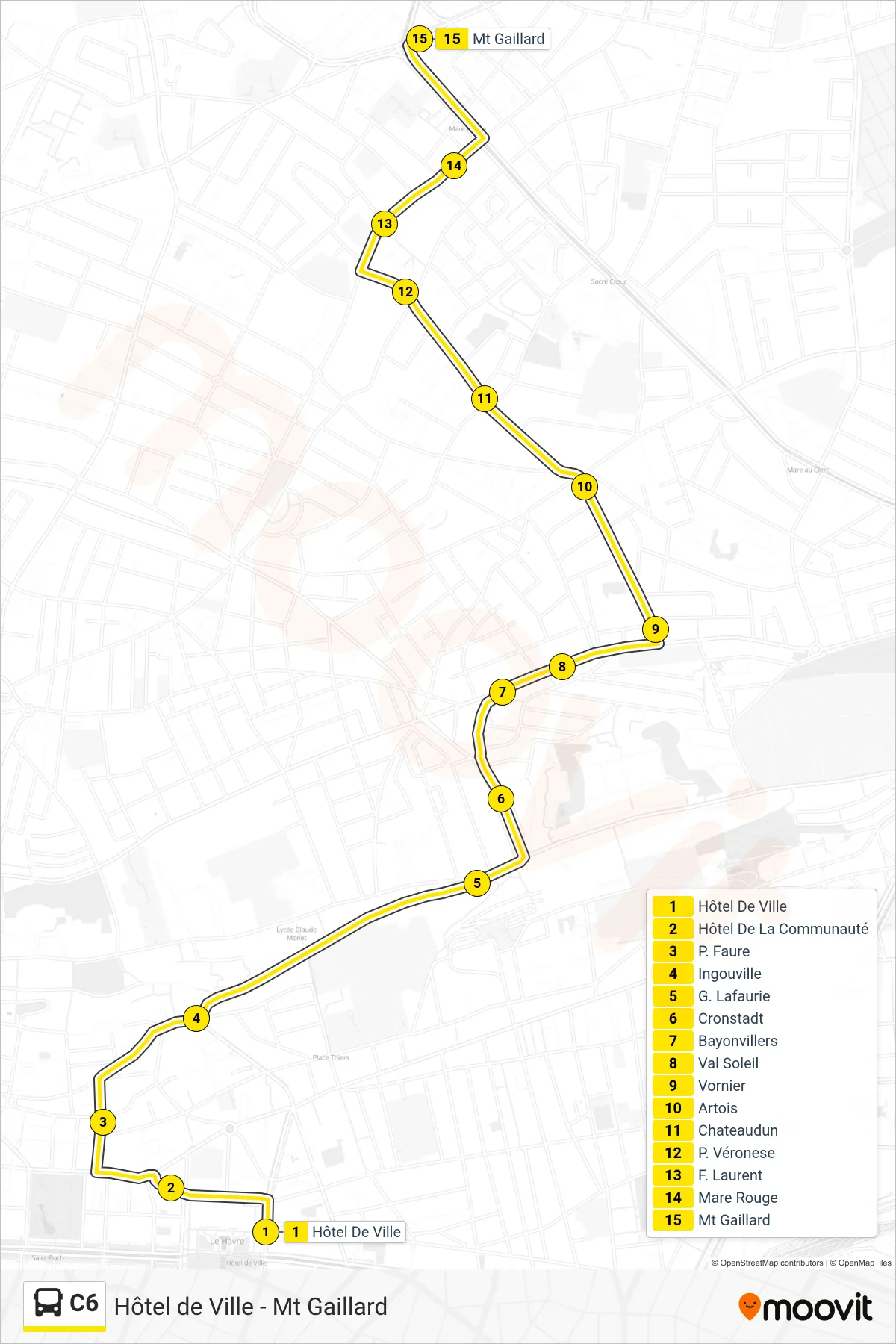 Tracé et arrêts de la ligne C6 de bus (Mt Gaillard) sur une carte