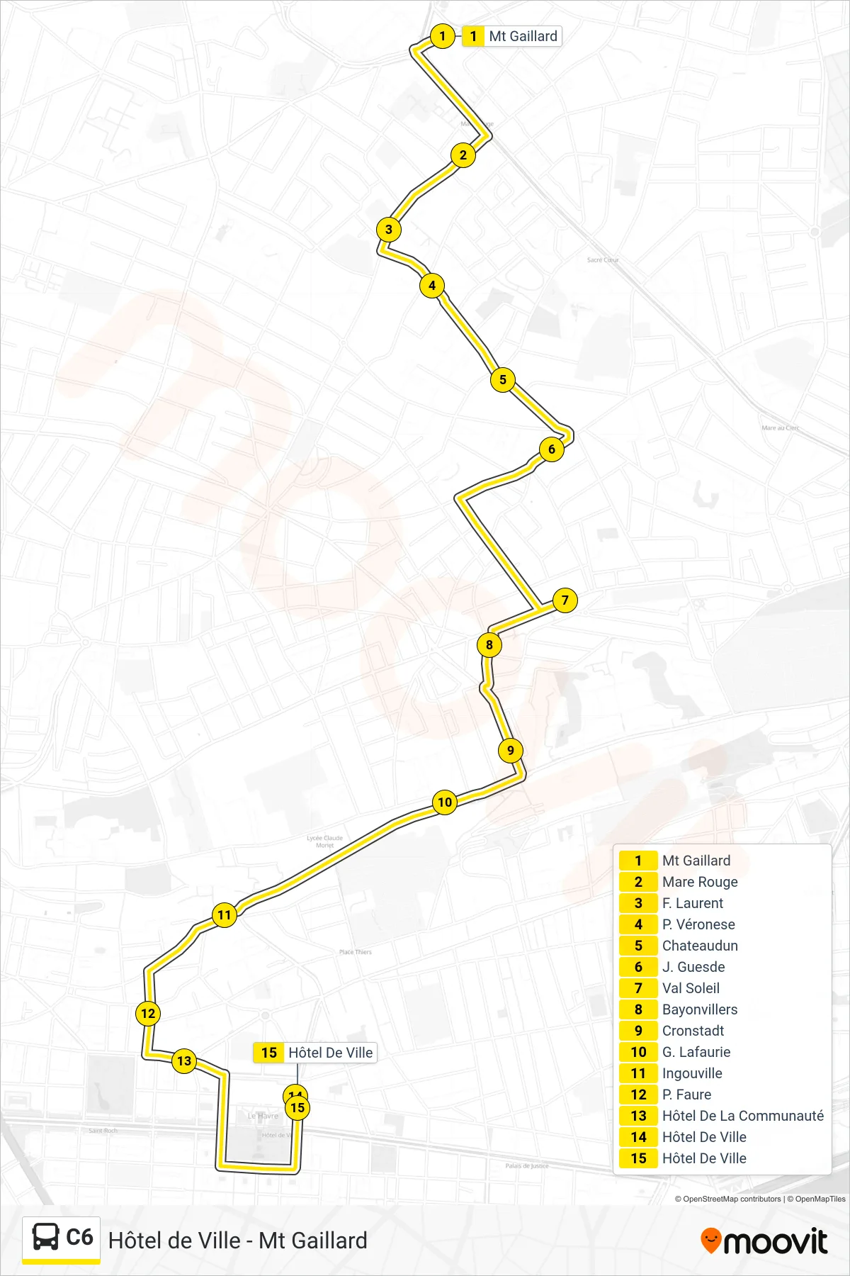 Tracé et arrêts de la ligne C6 de bus (Hôtel De Ville) sur une carte