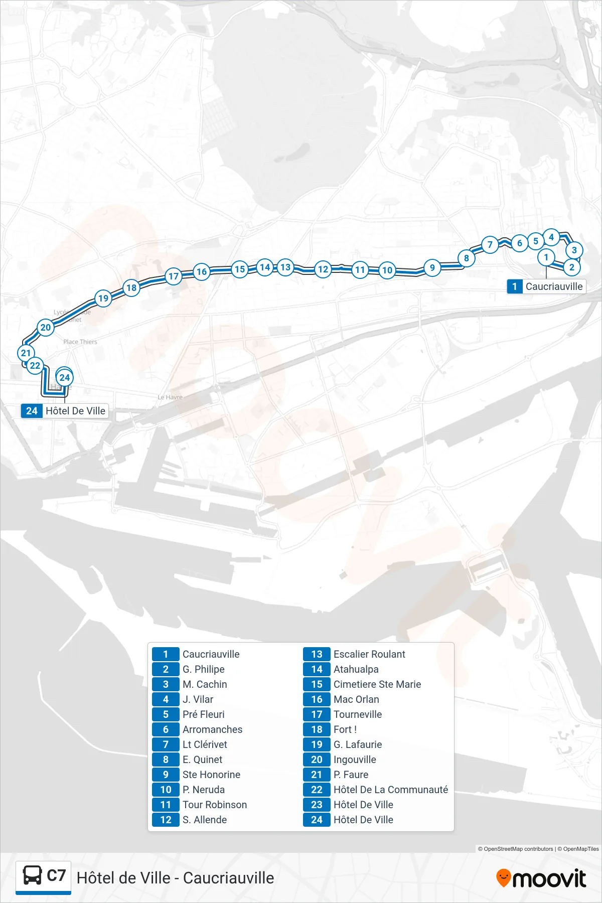 Tracé et arrêts de la ligne C7 de bus (Hôtel De Ville) sur une carte