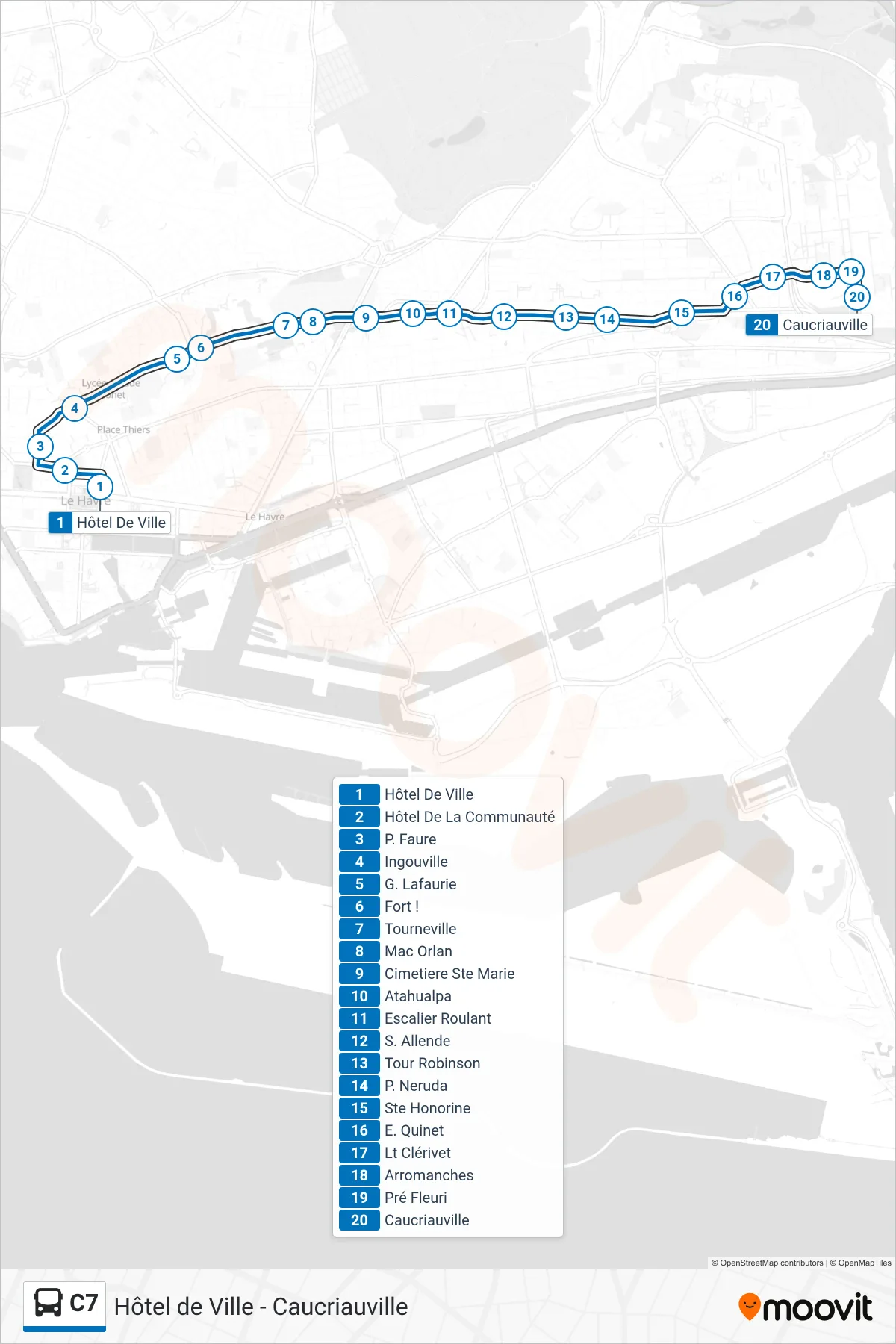 Tracé et arrêts de la ligne C7 de bus (Caucriauville) sur une carte