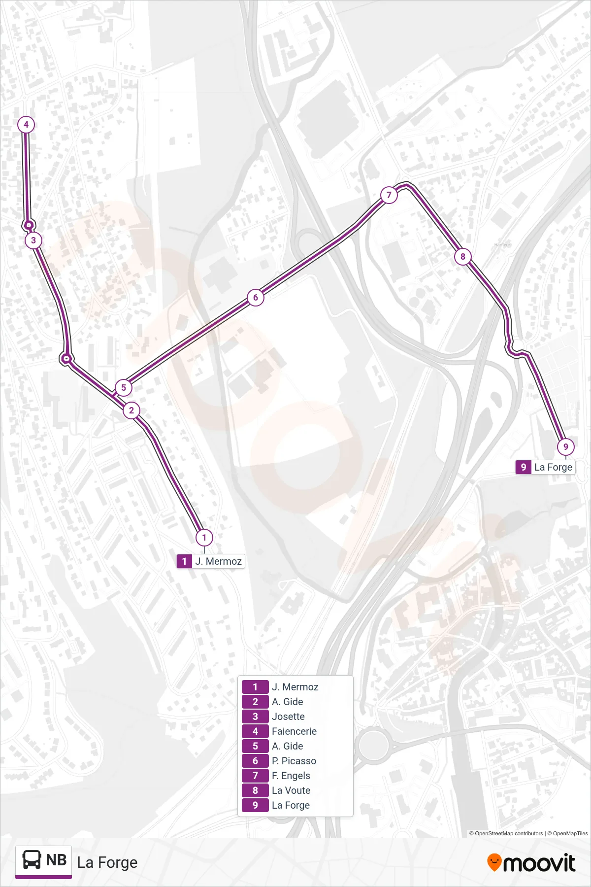 Tracé et arrêts de la ligne NB de bus (La Forge) sur une carte