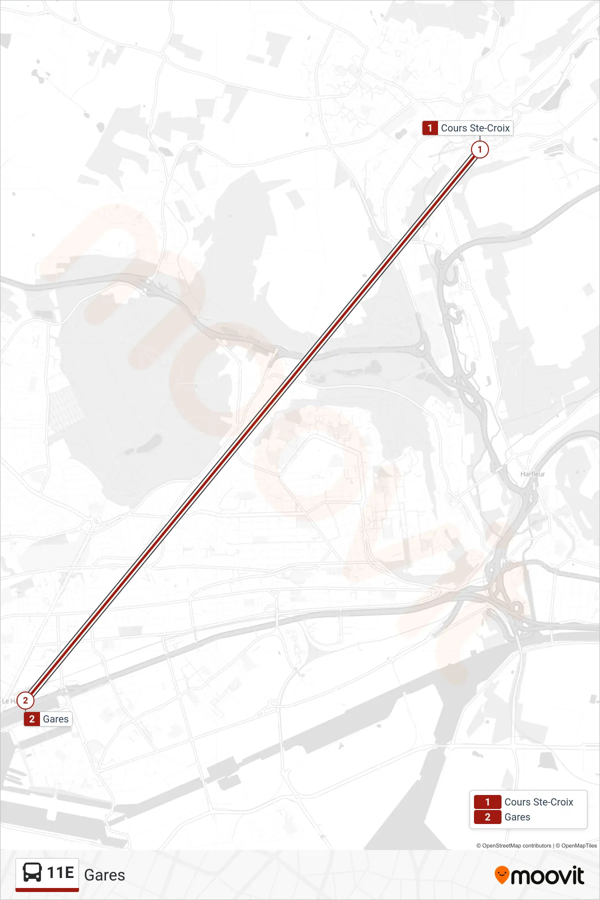 Tracé et arrêts de la ligne 11E de bus (Gares) sur une carte