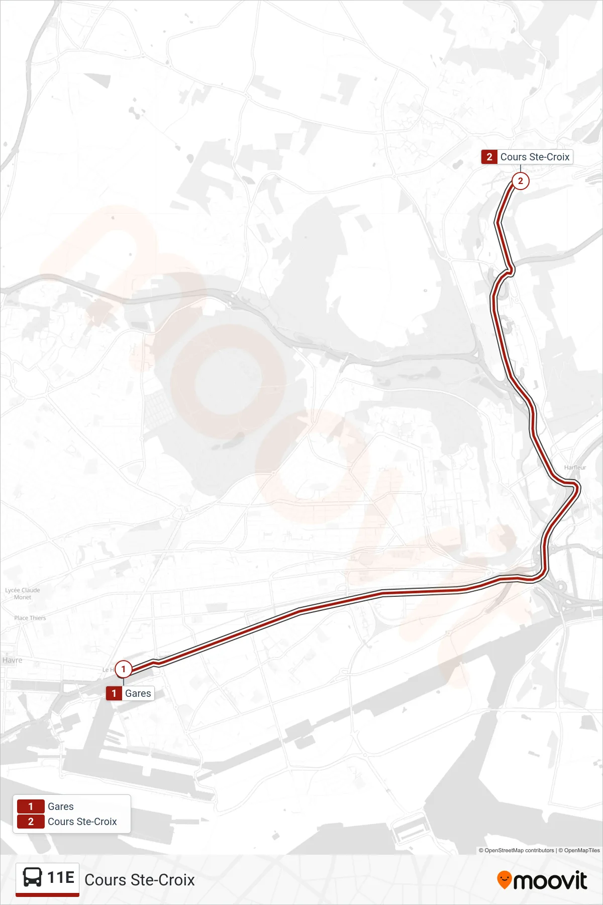Tracé et arrêts de la ligne 11E de bus (Cours Ste-Croix) sur une carte