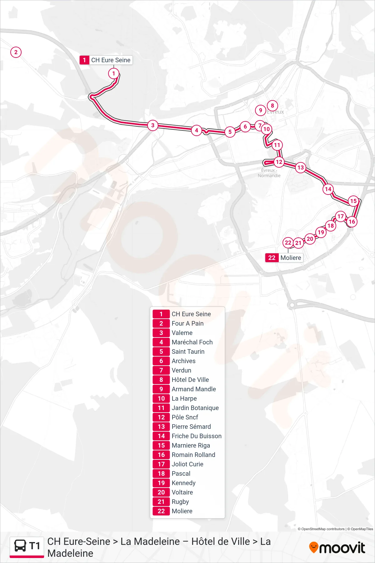 Tracé et arrêts de la ligne T1 de bus (Moliere) sur une carte