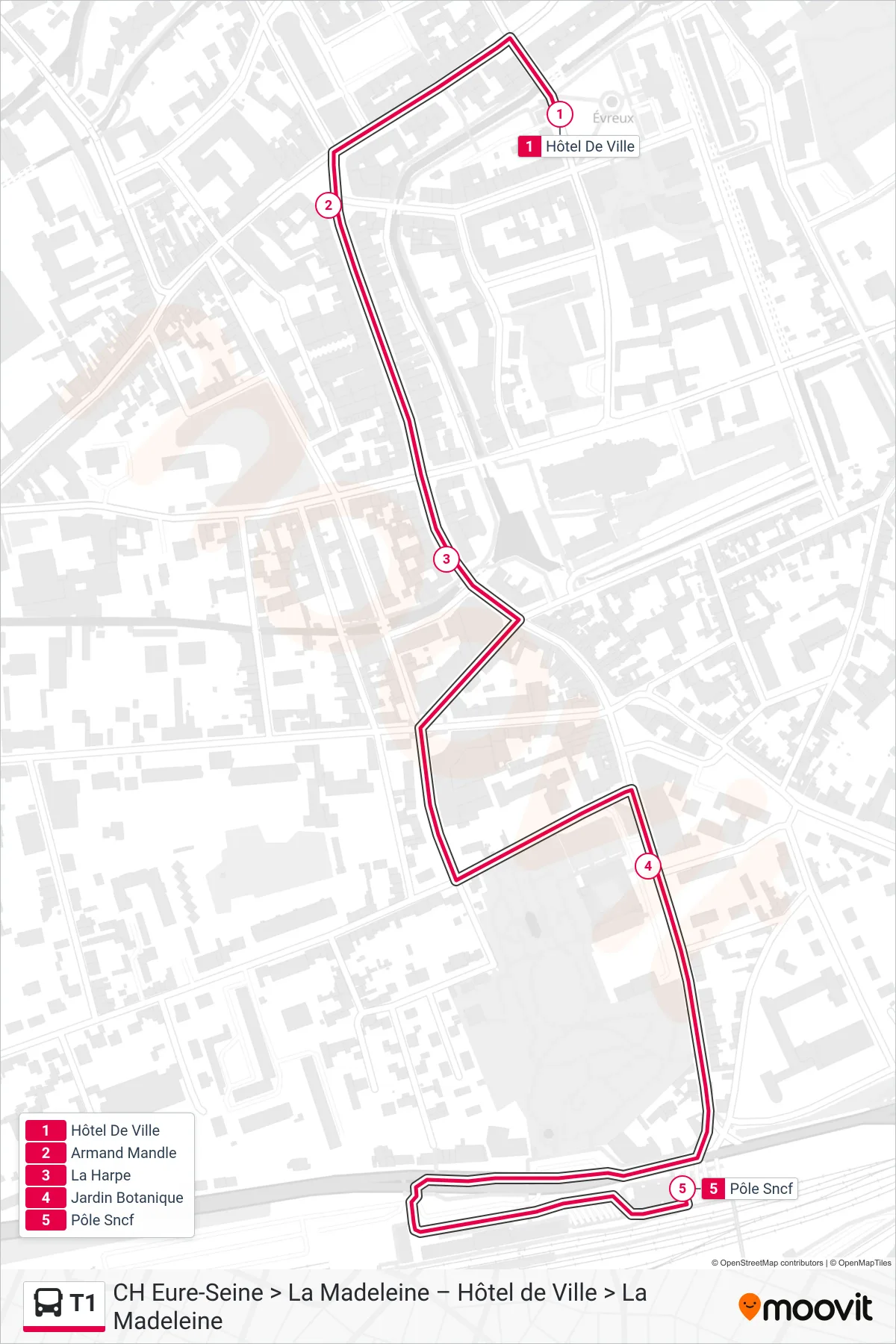 Tracé et arrêts de la ligne T1 de bus (Pole Sncf) sur une carte