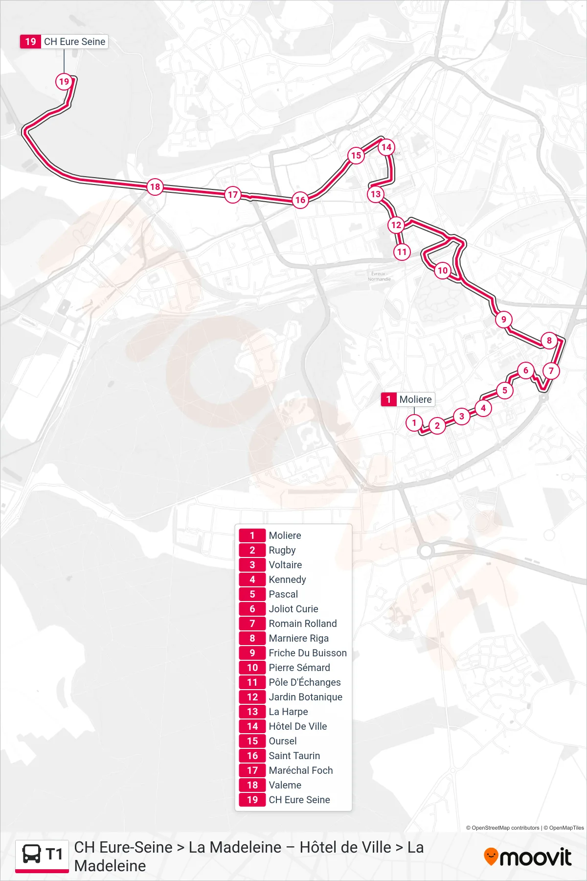 Tracé et arrêts de la ligne T1 de bus (CH Eure Seine) sur une carte