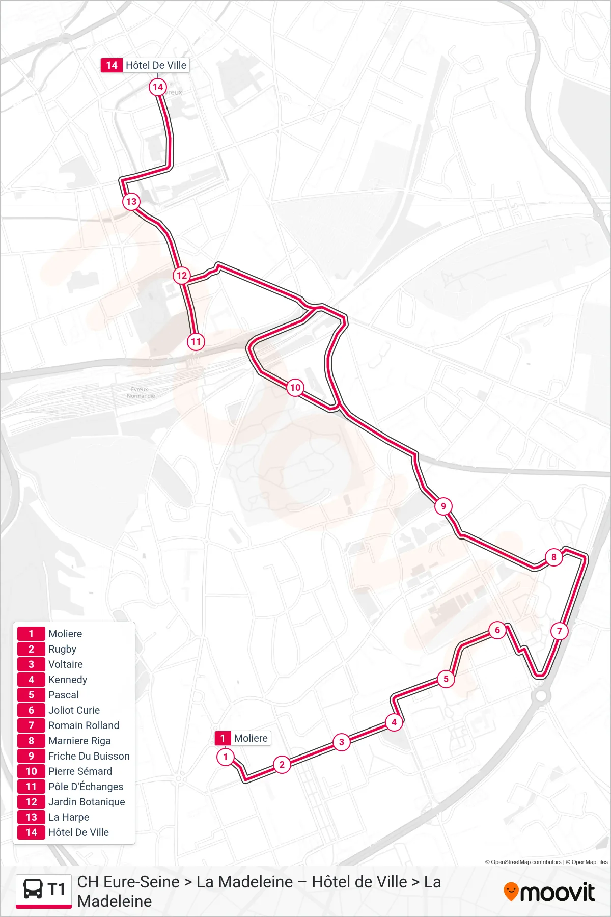 Tracé et arrêts de la ligne T1 de bus (Hôtel De Ville) sur une carte