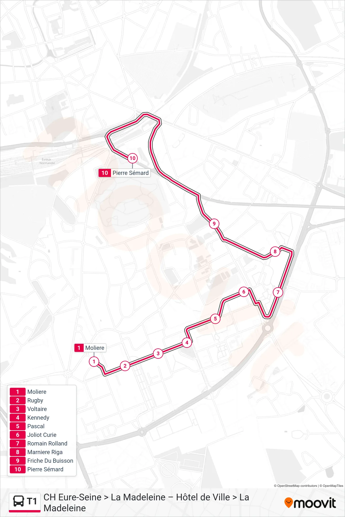 Tracé et arrêts de la ligne T1 de bus (Pierre Sémard) sur une carte
