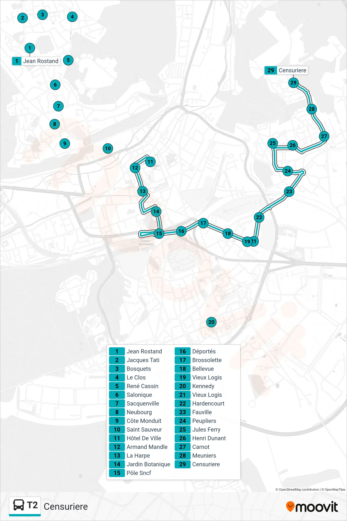 Recorrido y paradas de la línea T2 de autobús (Censuriere) en el mapa