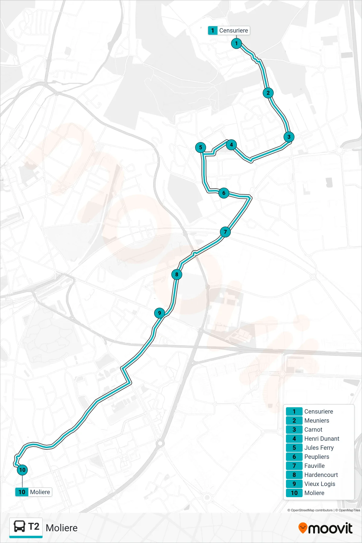 Tracé et arrêts de la ligne T2 de bus (Moliere) sur une carte