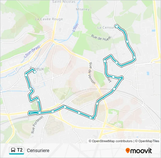 Plan de la ligne T2 de bus