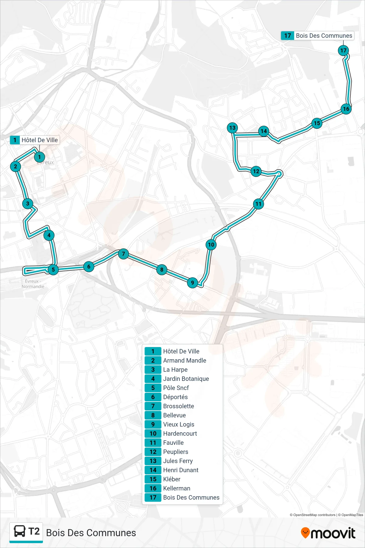 Tracé et arrêts de la ligne T2 de bus (Bois Des Communes) sur une carte