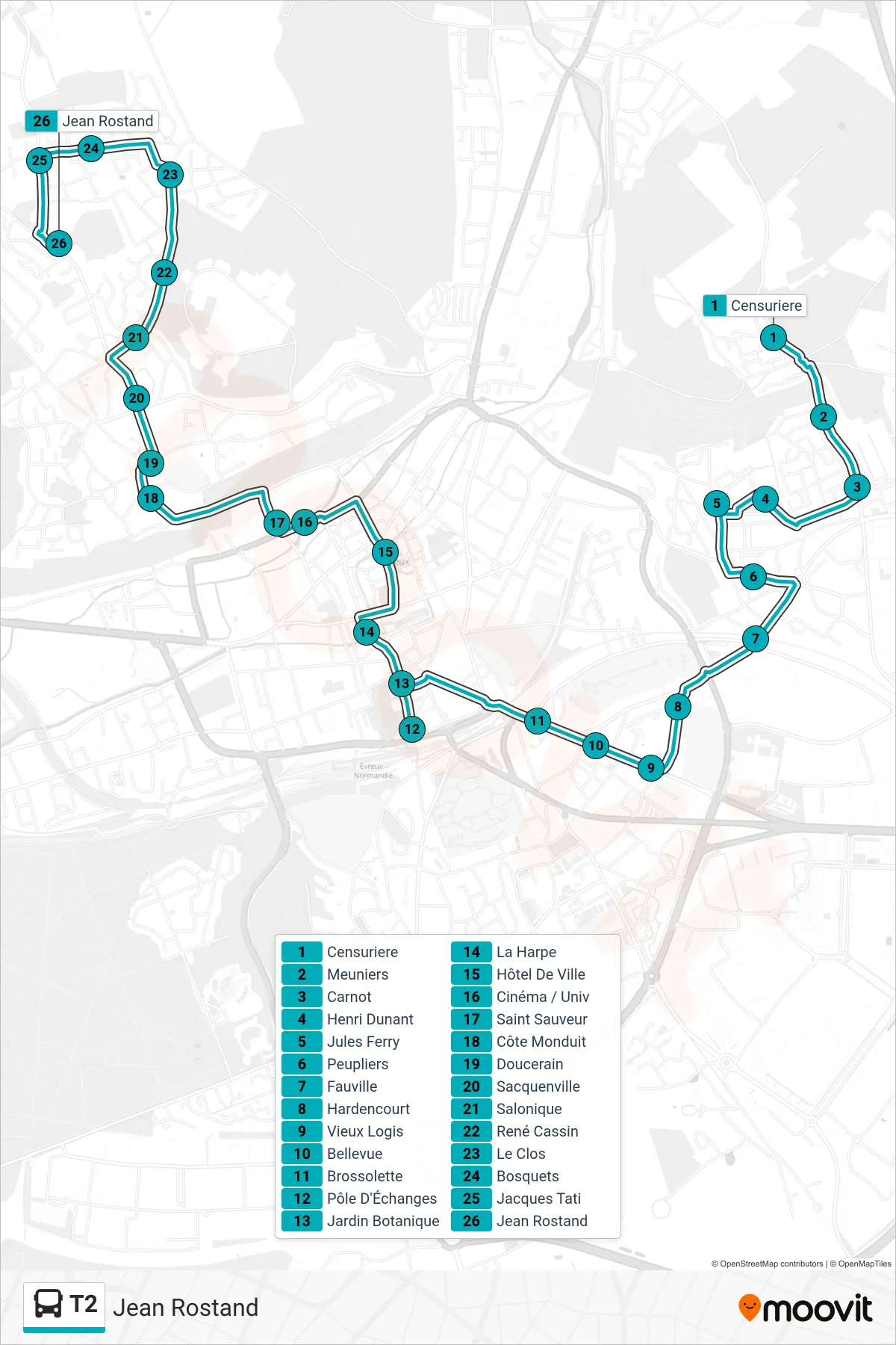 Tracé et arrêts de la ligne T2 de bus (Jean Rostand) sur une carte
