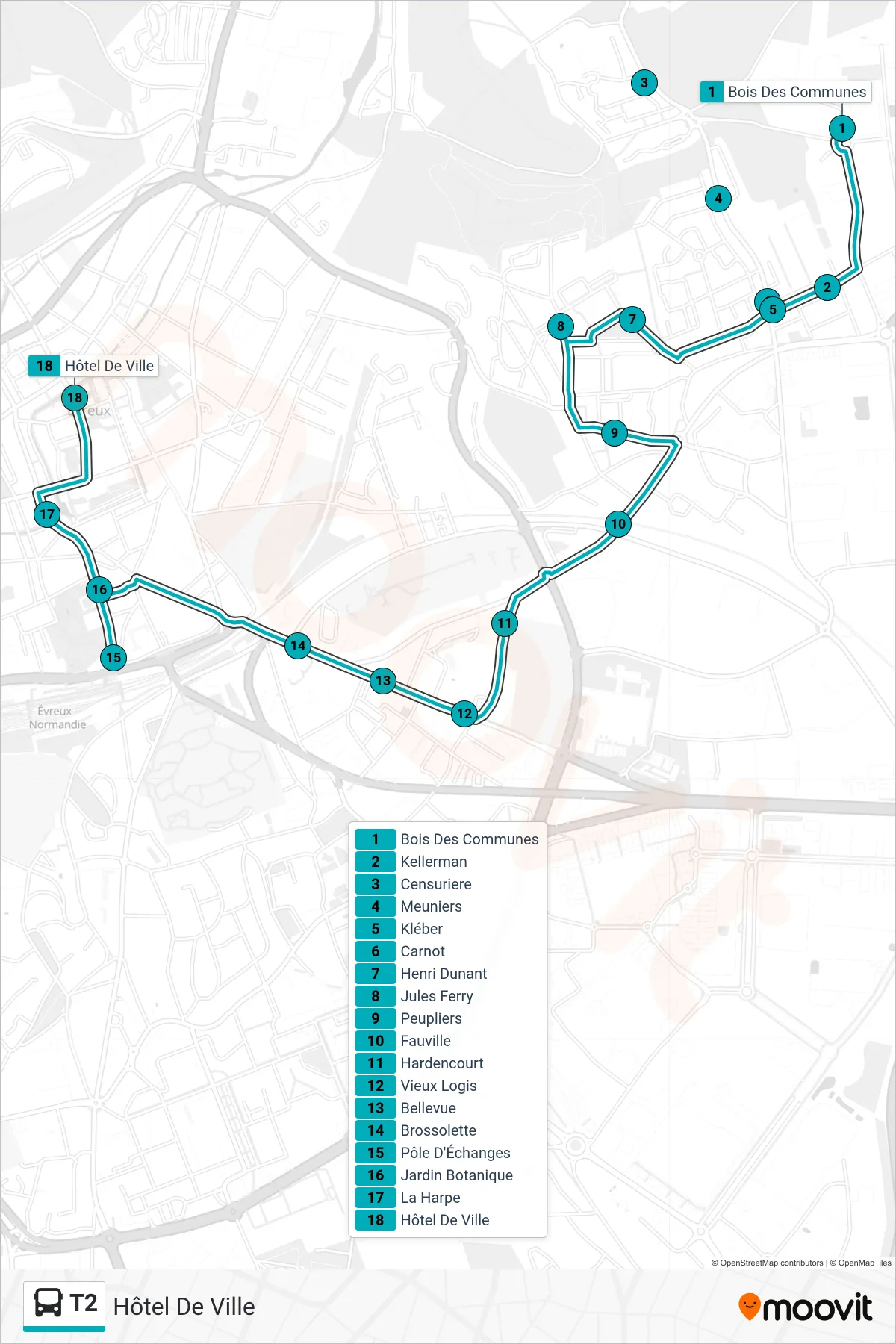 Recorrido y paradas de la línea T2 de autobús (Hôtel De Ville) en el mapa
