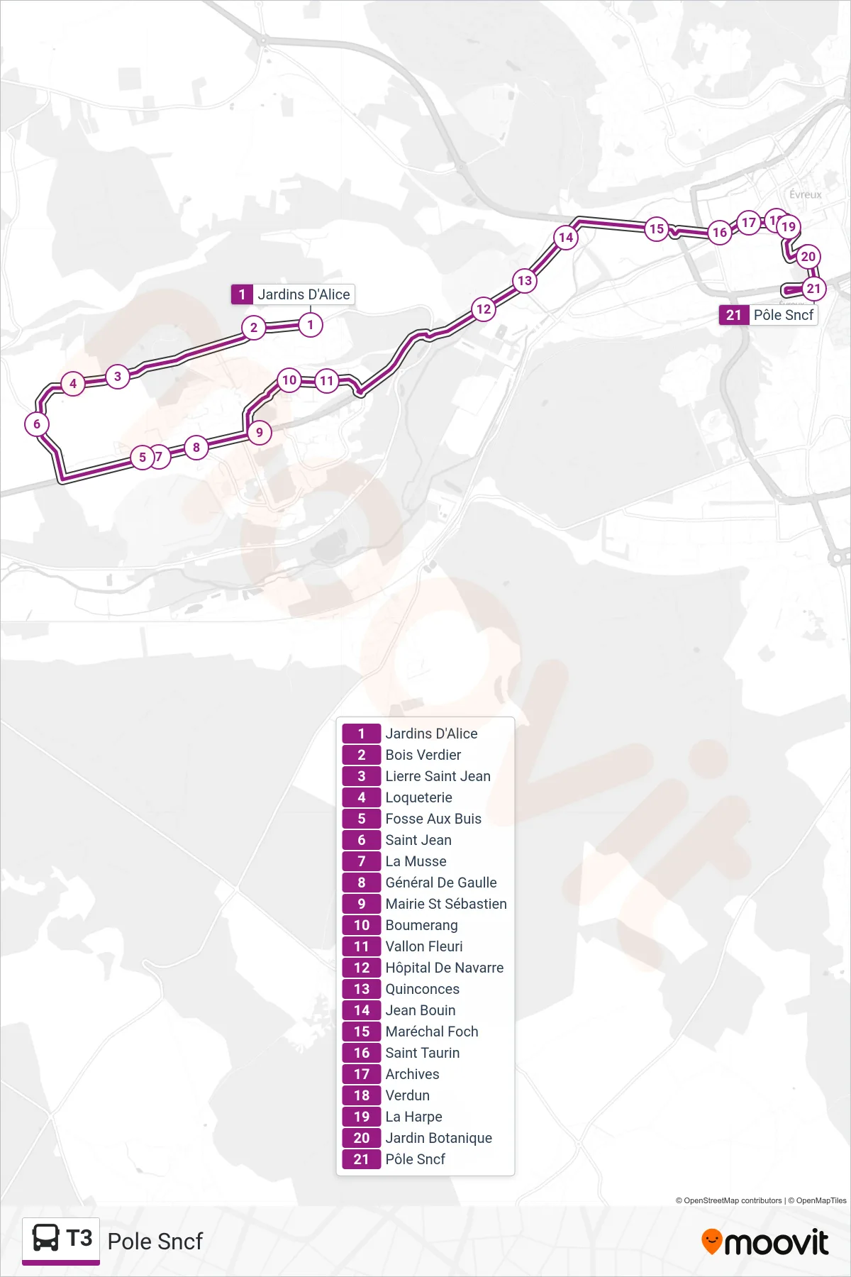 Tracé et arrêts de la ligne T3 de bus (Pole Sncf) sur une carte