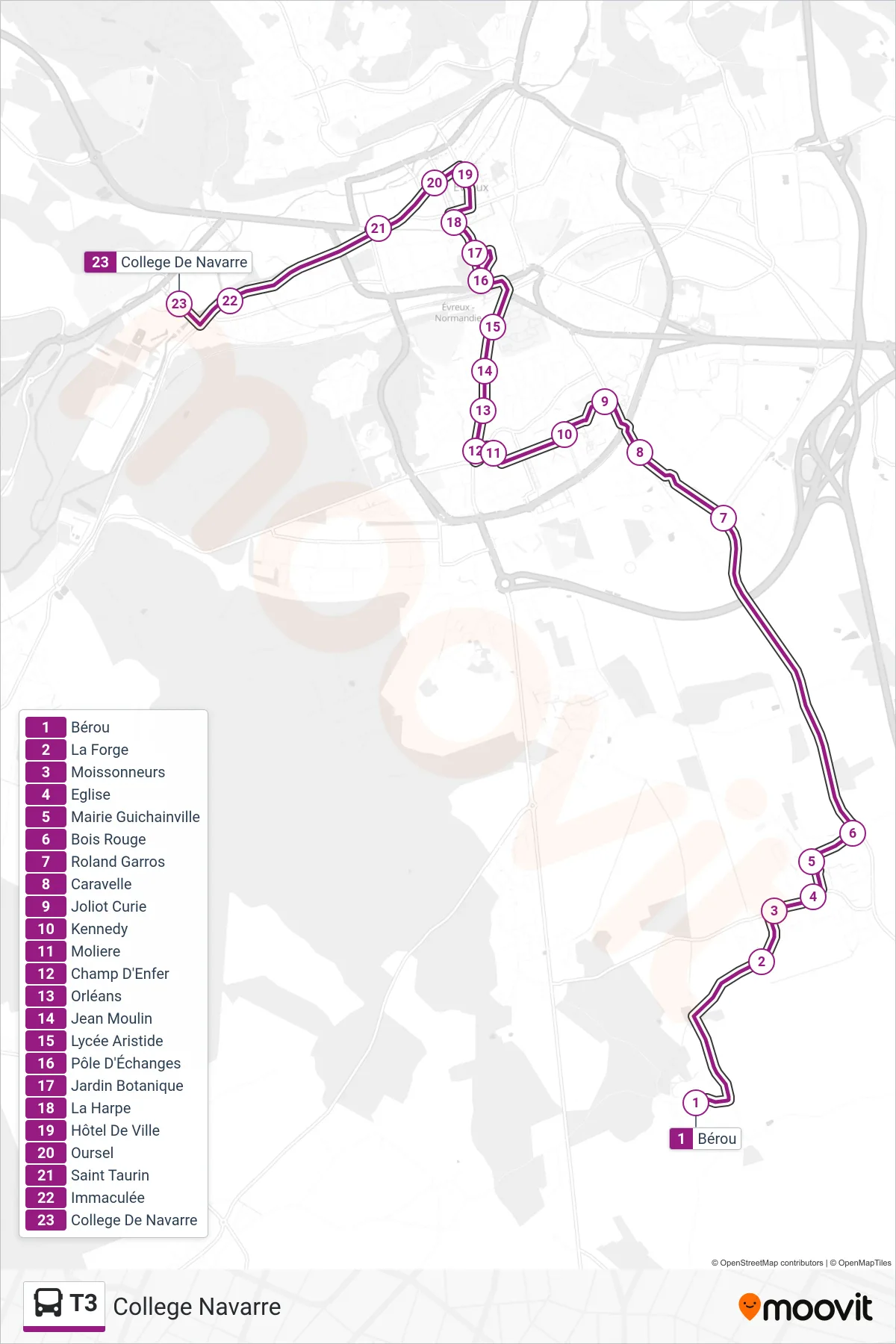 Tracé et arrêts de la ligne T3 de bus (College Navarre) sur une carte