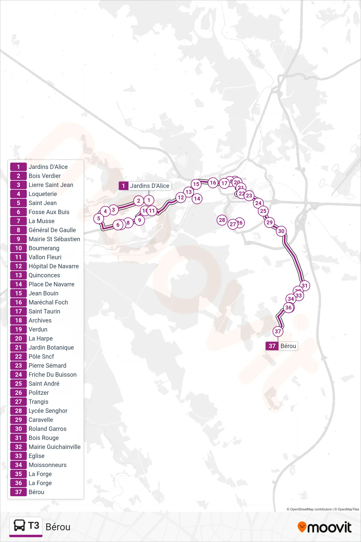 Tracé et arrêts de la ligne T3 de bus (Bérou) sur une carte