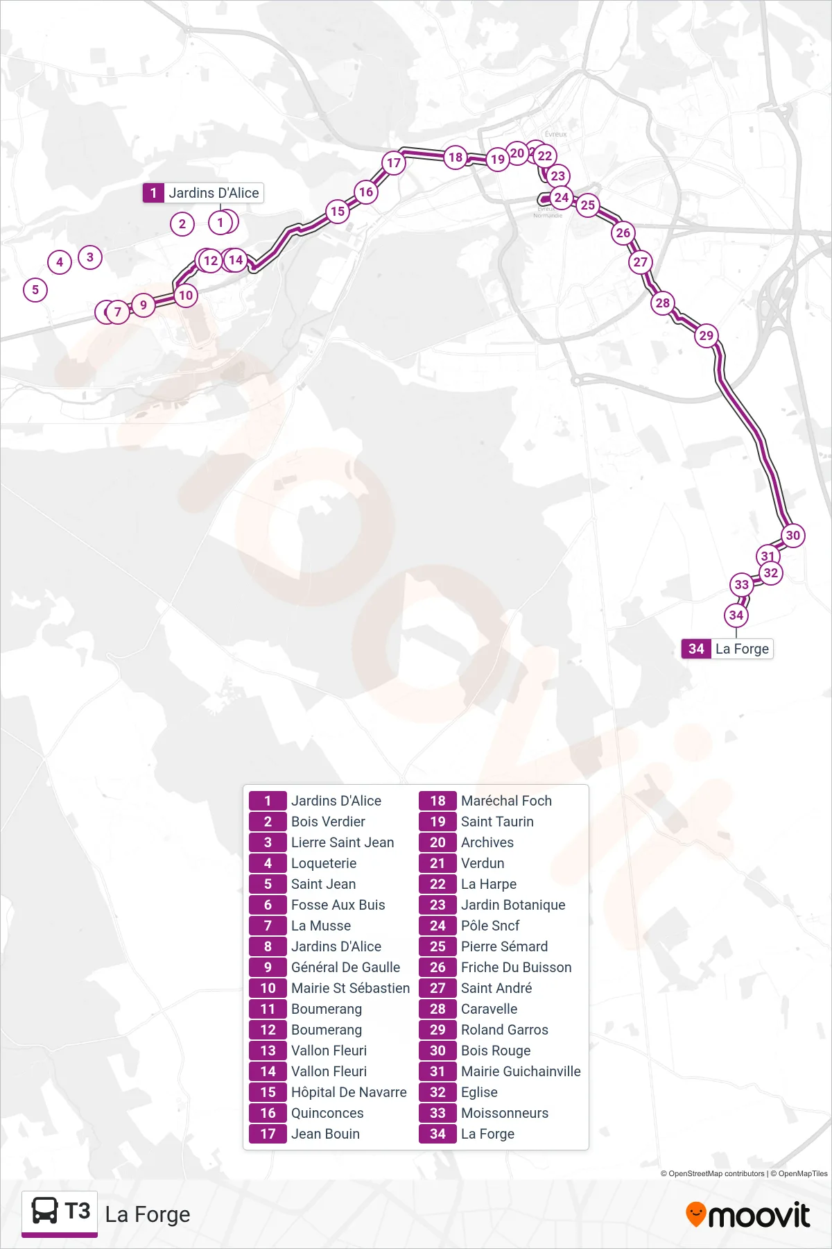 Recorrido y paradas de la línea T3 de autobús (La Forge) en el mapa