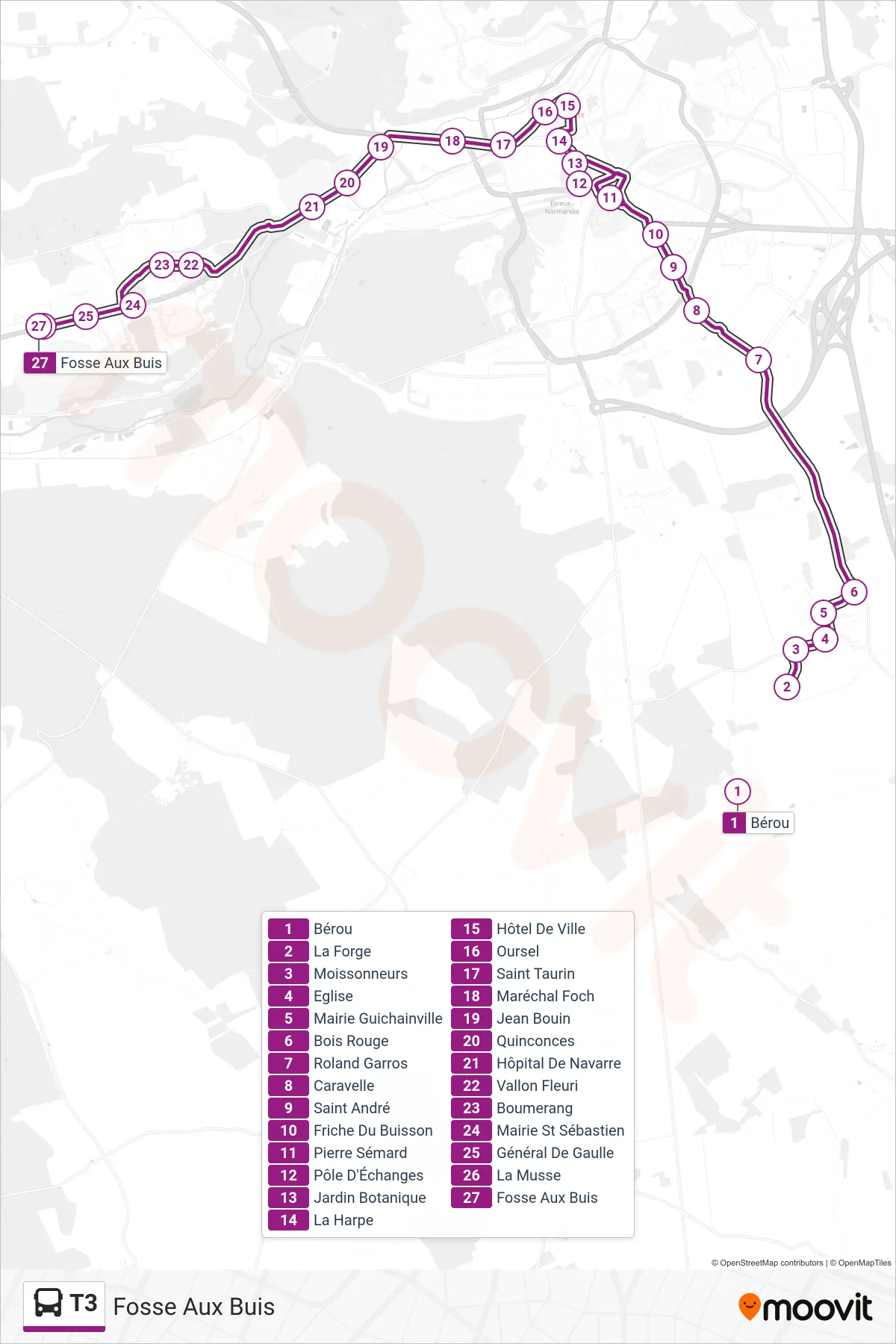 T3 bus Line (Fosse Aux Buis) route and stops on a map