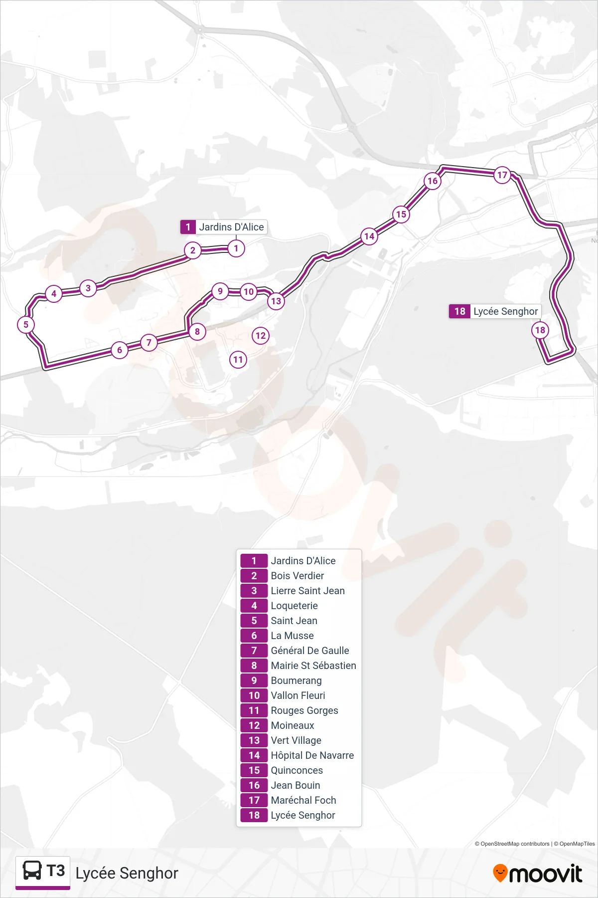 Tracé et arrêts de la ligne T3 de bus (Lycée Senghor) sur une carte