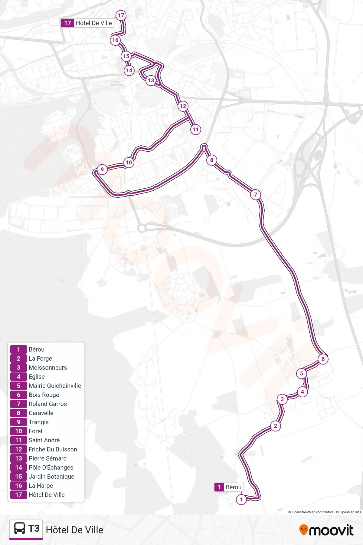 Tracé et arrêts de la ligne T3 de bus (Hôtel De Ville) sur une carte