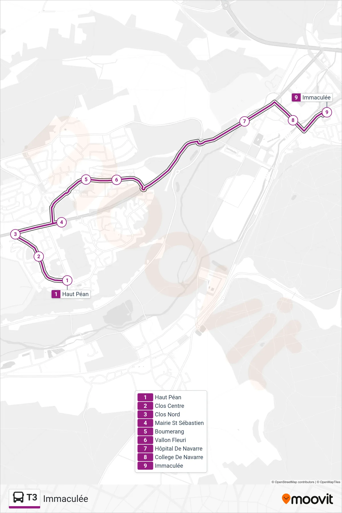 Tracé et arrêts de la ligne T3 de bus (Immaculée) sur une carte