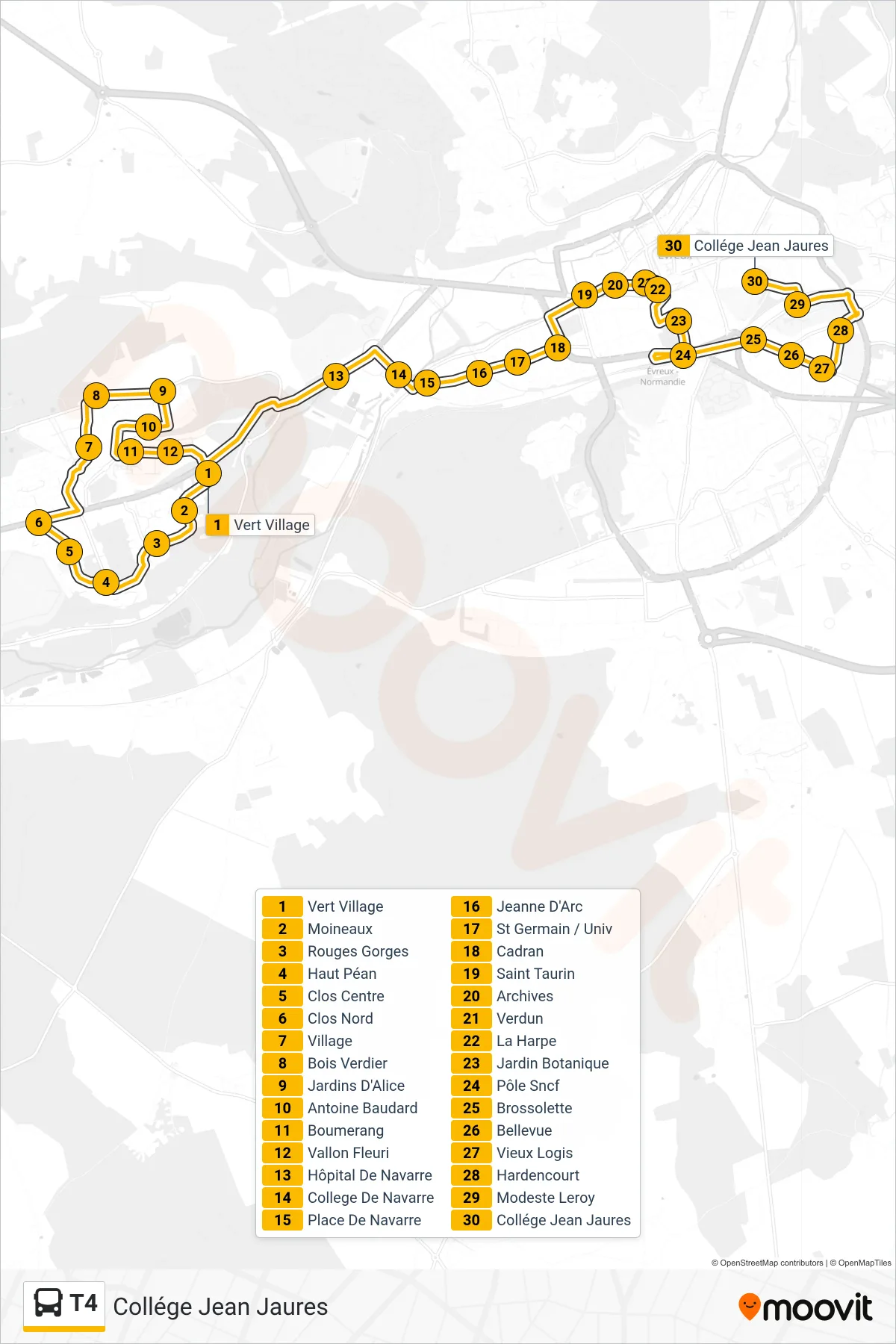 Tracé et arrêts de la ligne T4 de bus (Collége Jean Jaures) sur une carte