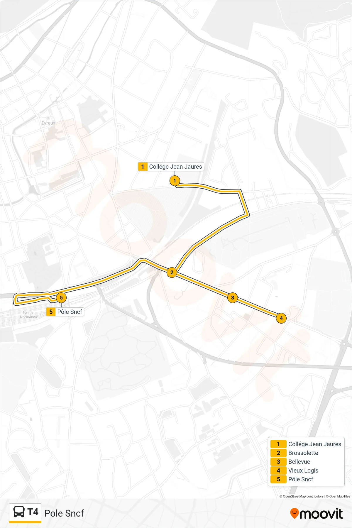 Recorrido y paradas de la línea T4 de autobús (Pole Sncf) en el mapa