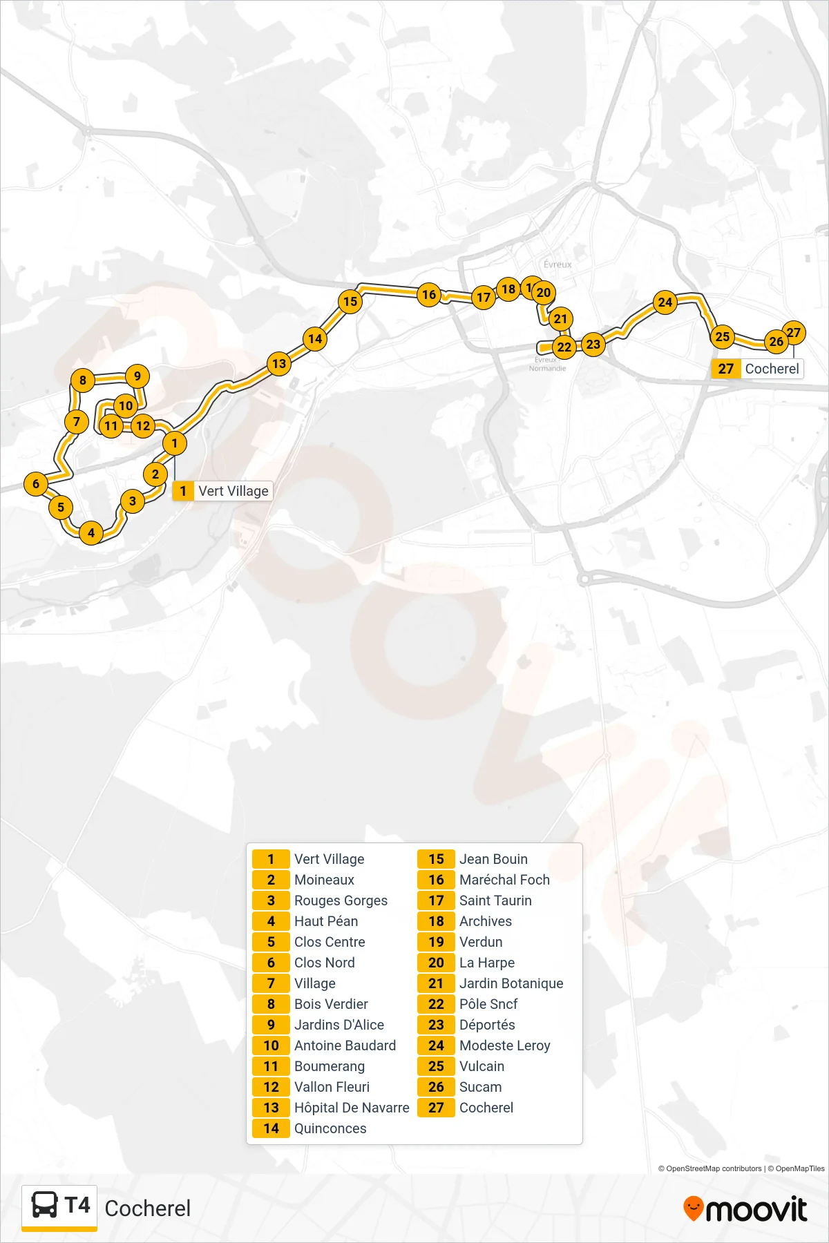 Tracé et arrêts de la ligne T4 de bus (Cocherel) sur une carte