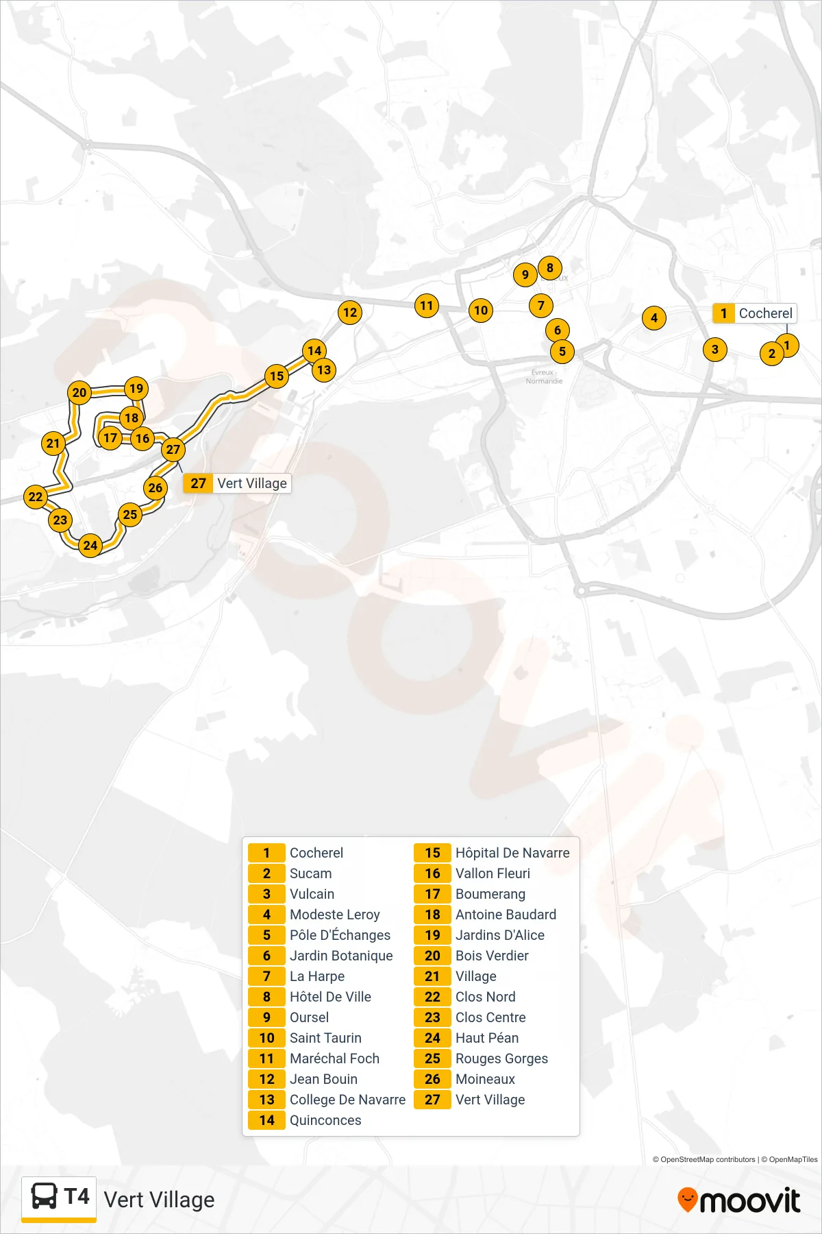 Recorrido y paradas de la línea T4 de autobús (Vert Village) en el mapa