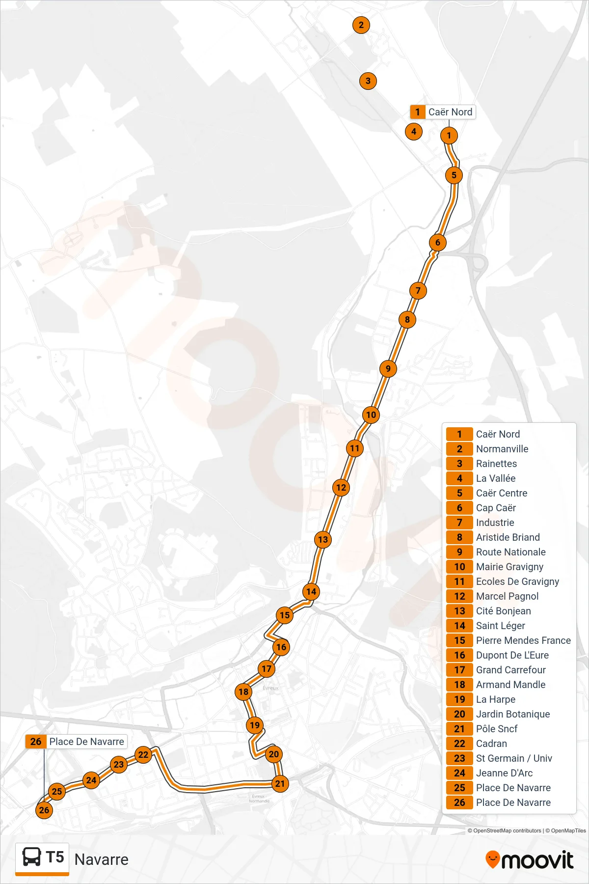 Tracé et arrêts de la ligne T5 de bus (Navarre) sur une carte