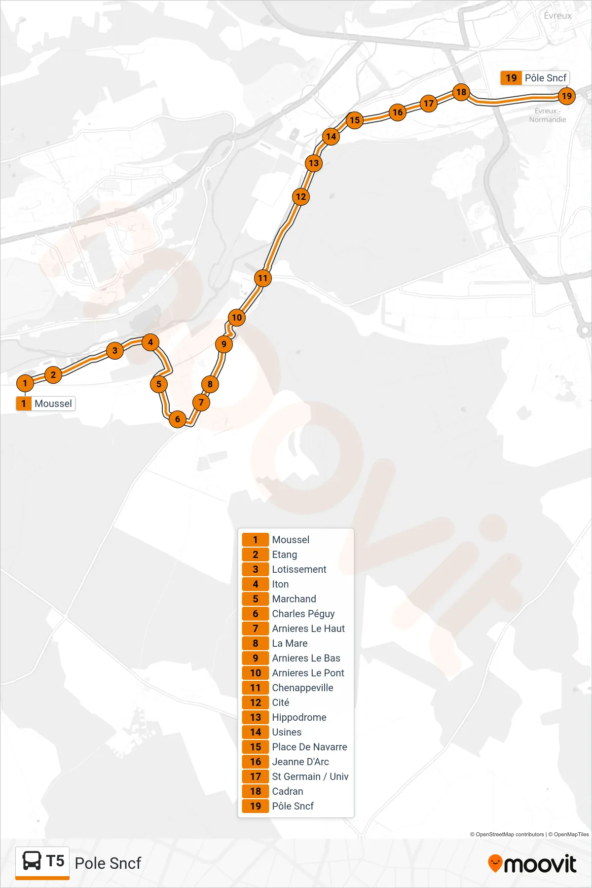 Tracé et arrêts de la ligne T5 de bus (Pole Sncf) sur une carte