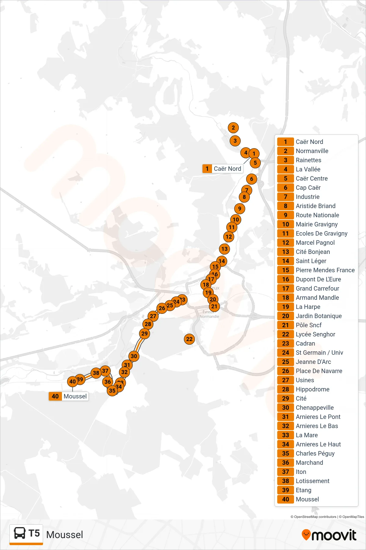 Tracé et arrêts de la ligne T5 de bus (Moussel) sur une carte