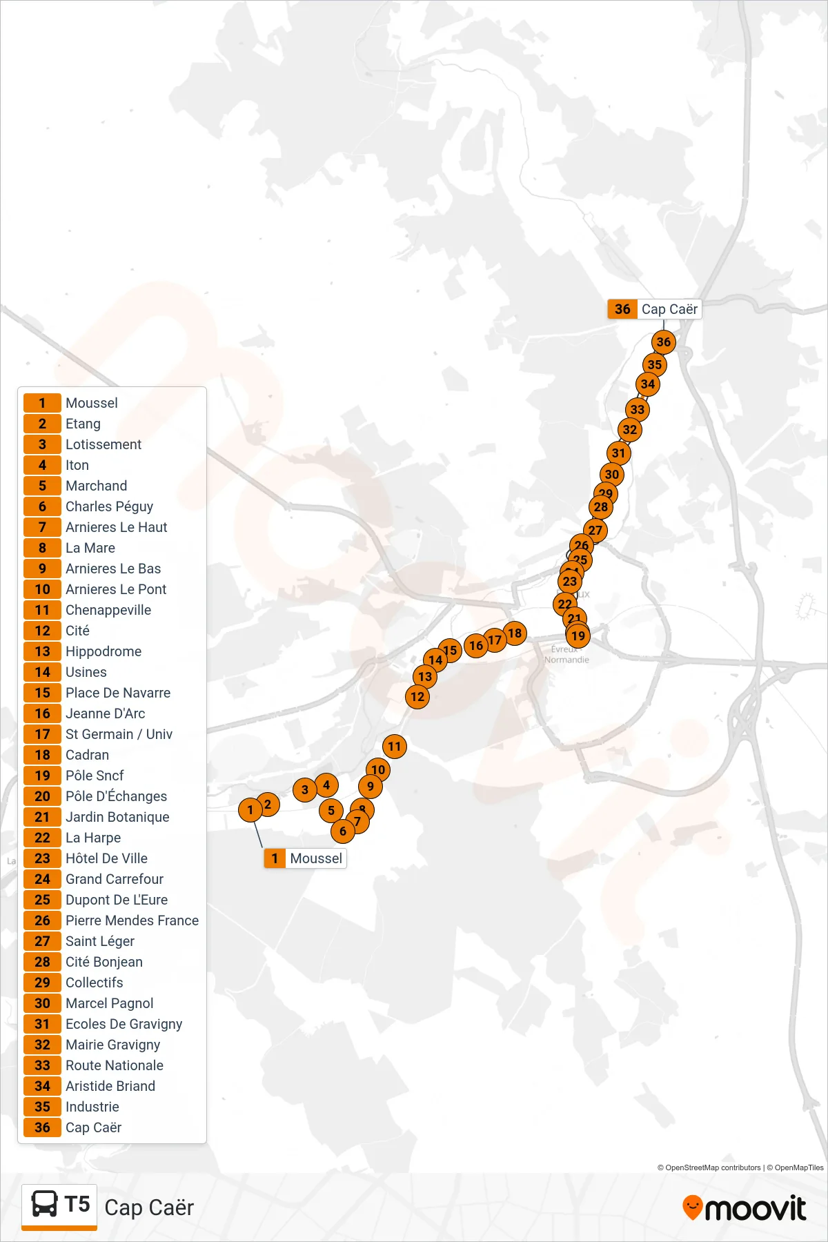 Tracé et arrêts de la ligne T5 de bus (Cap Caër) sur une carte