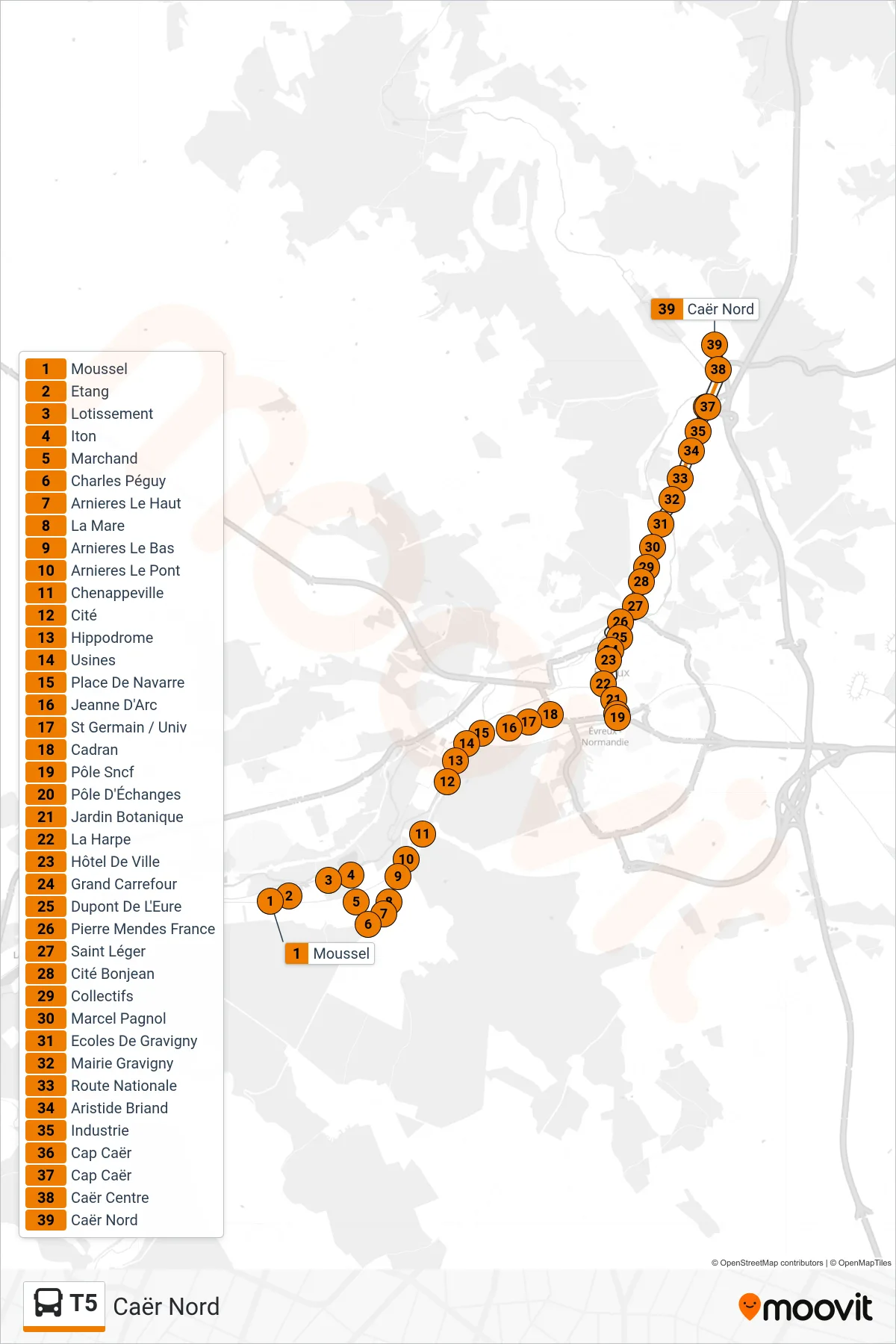 Tracé et arrêts de la ligne T5 de bus (Caër Nord) sur une carte